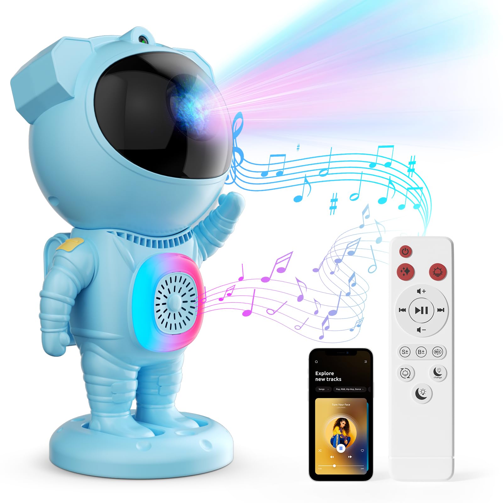 Jioote Astronaut Galaxy Projector with Bluetooth Speaker, Remote Control, Adjustable Angle, Small, Blue, Model JN117