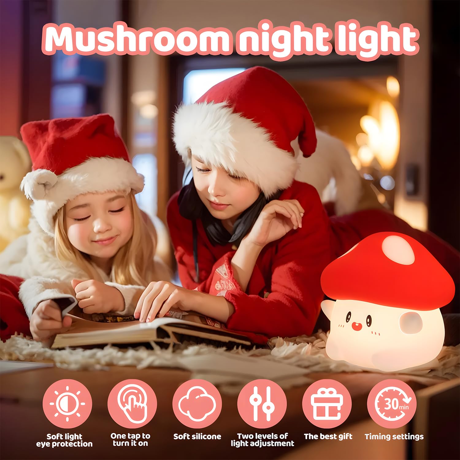 Emmanoth Mushroom Night Light - LED Silicone Touch Lamp, Rechargeable, Dimmable, White/Red, Nursery Decor, Model: Emmanoth-CA-NL-Mushroom