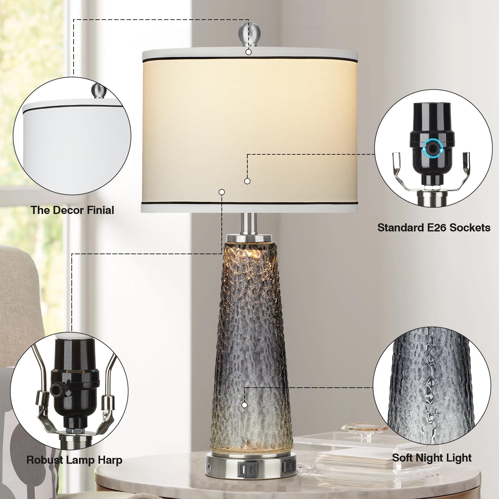Lolikit Glass Table Lamp Set of 2, 26" Modern Touch Control with USB Ports, Black, Well-made Fabric, 4 Bulbs Included