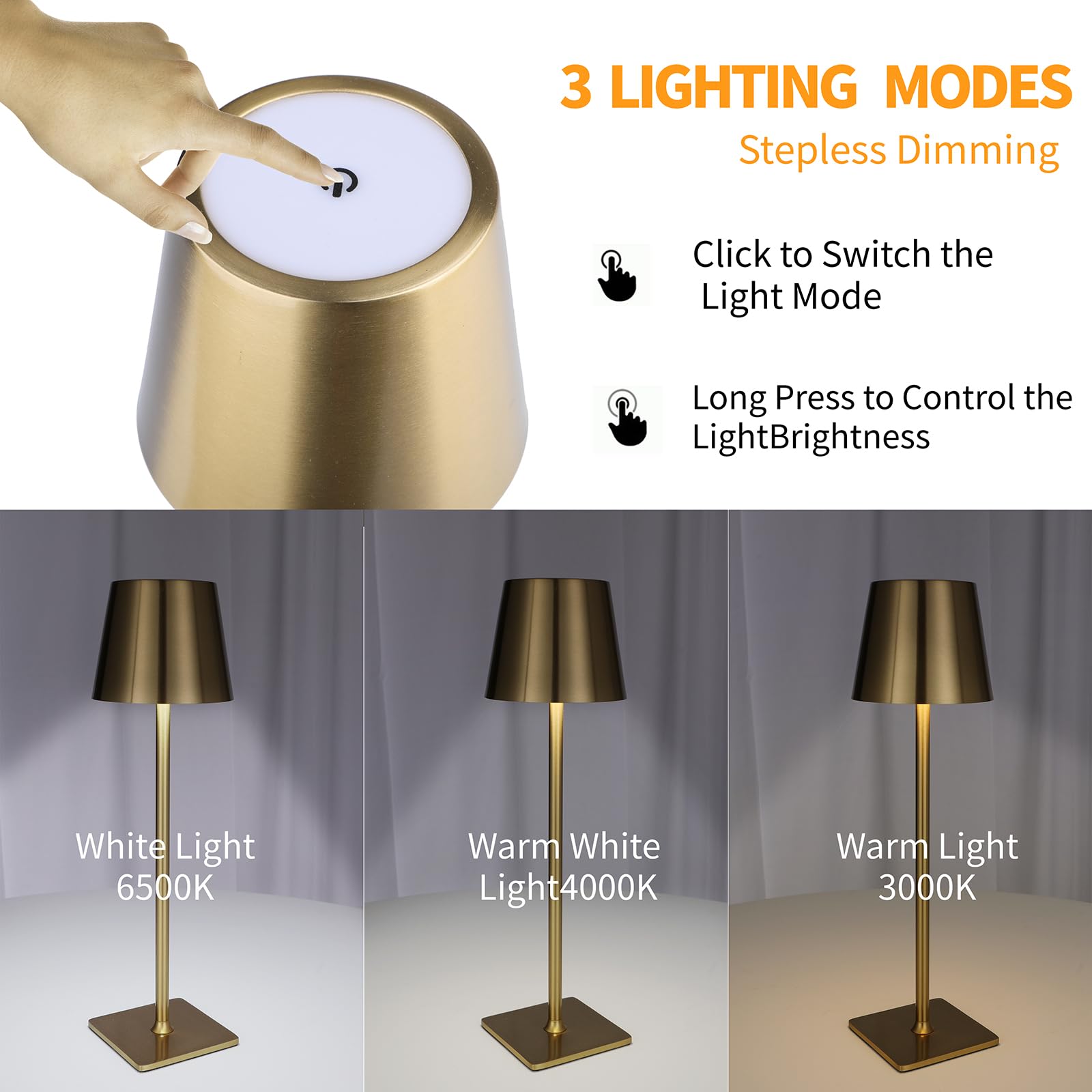 Layshineen Led Table Lamp Cordless, 3 Colors Stepless Dimming, 5000Mah Rechargeable Touch Lamps For Bedrooms, Dining Table Lamp