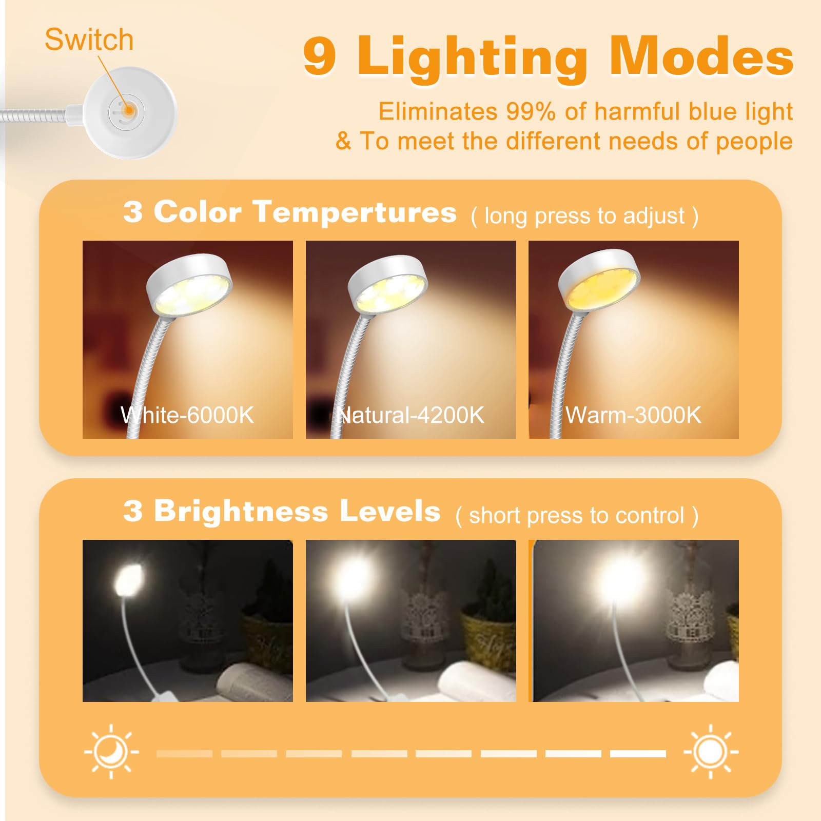 Ktebo 2 Packs Rechargeable Book Reading Light - Adjustable Brightness, 3 Color Temperatures, 30+ Hours Runtime - Eye Care 10 Led