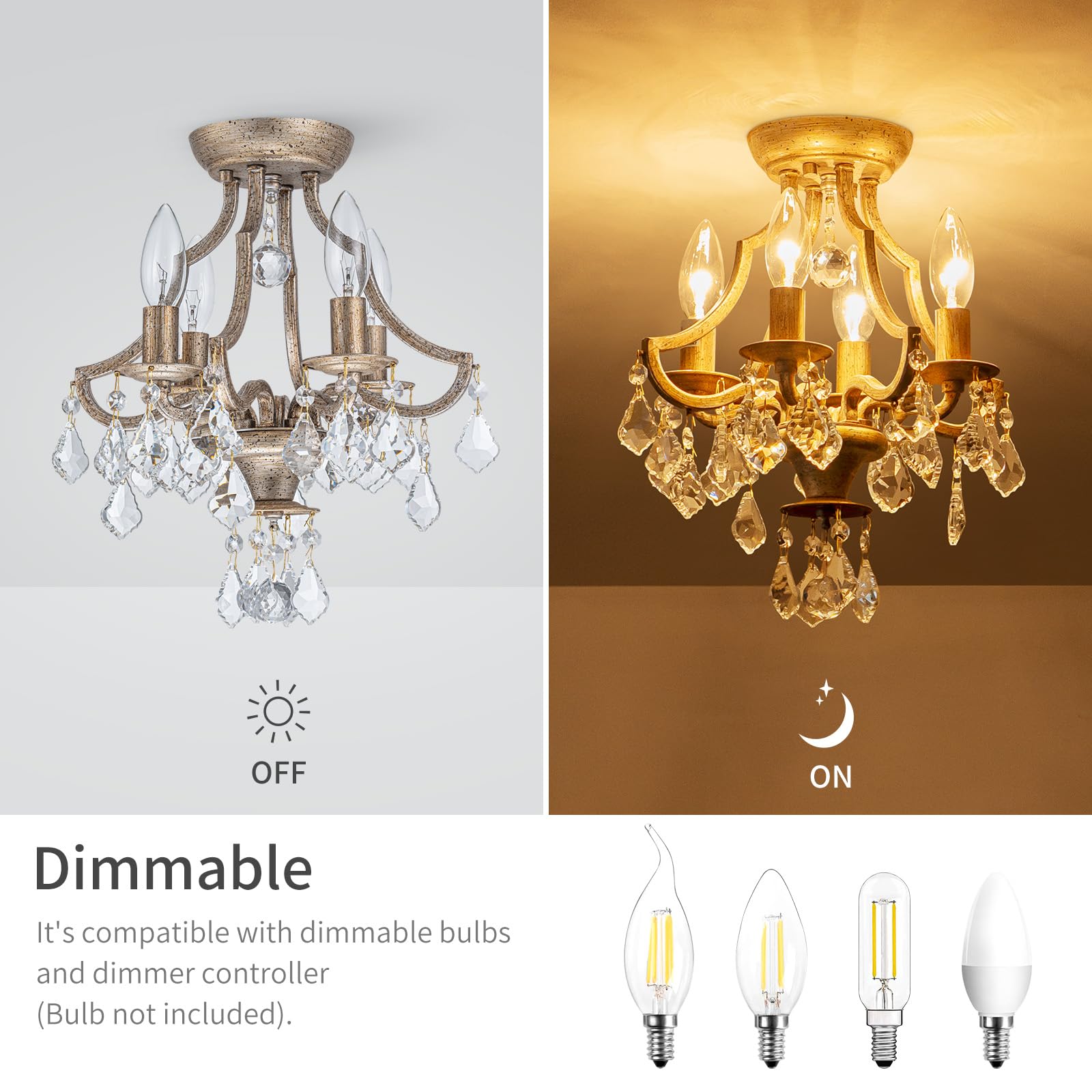 Lumfurn 4-Lights Antique K9 Crystal Ceiling Light For Living Room, Foyer, Bedroom, Close To Ceiling Flushmount Light Fixture, Ru