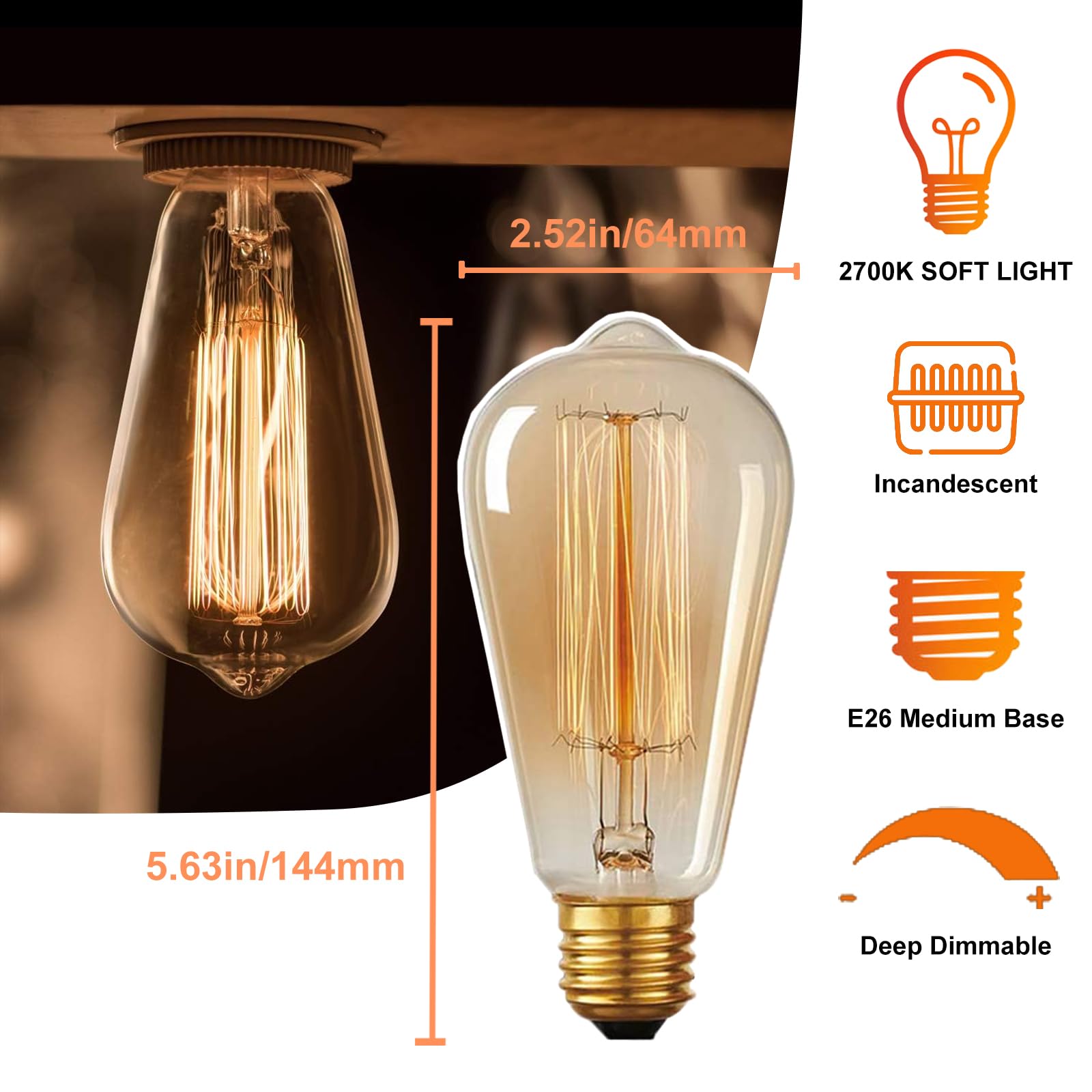 HESSION Vintage Edison Bulbs ST64 40W E26 Amber Glass 6-Pack Dimmable Warm White