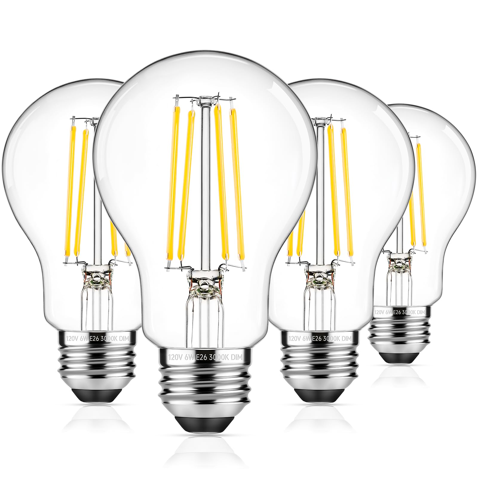ASOMST Dimmable A19 LED Filament Bulb 60W Equivalent  6W Vintage Edison Light Bulbs 3000K Soft White 850 LM  Clear Glass  E26 Base  4 Pack