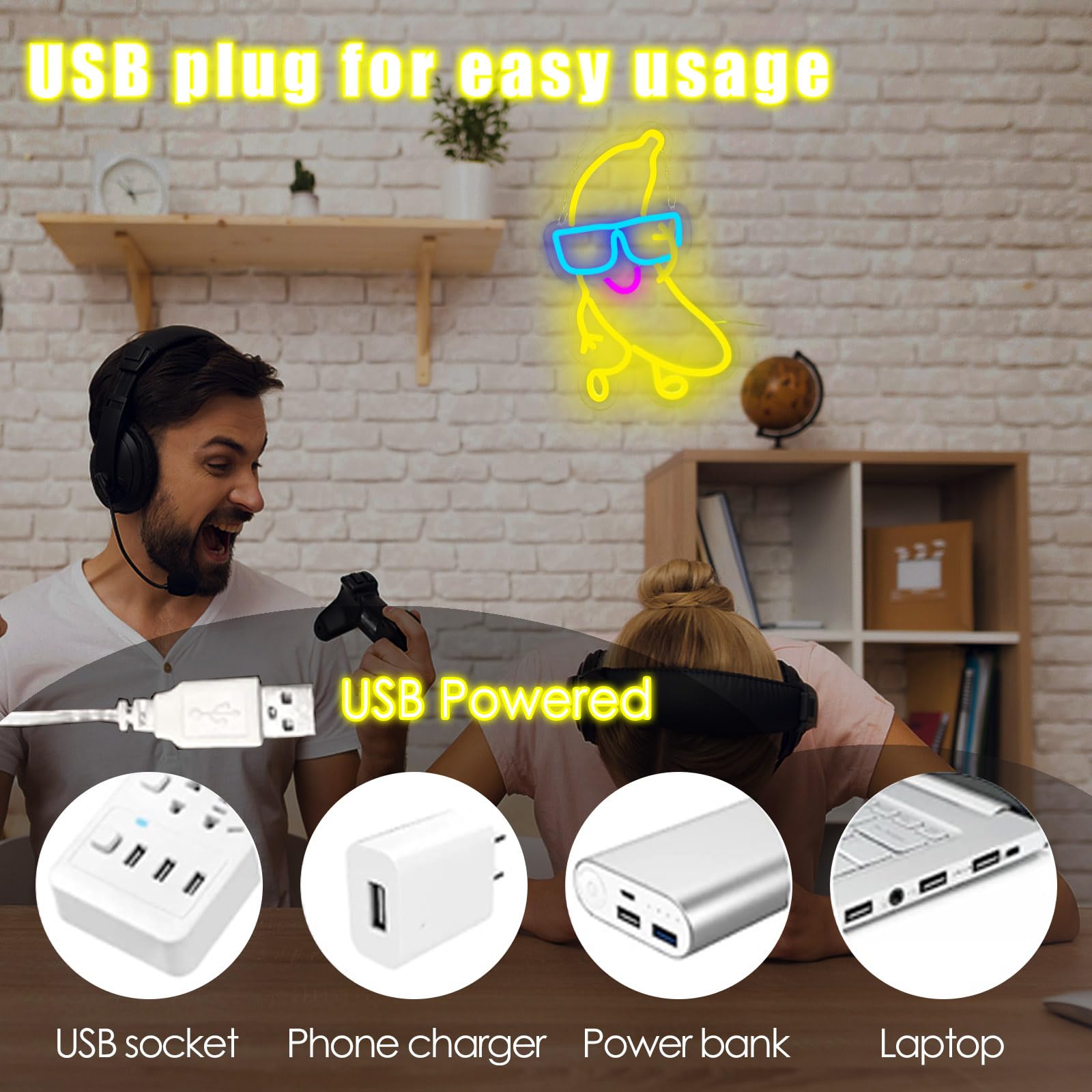 LeDigPig LED Neon Sign - Dancing Banana Wall Décor, Dimmable, 10.2in×16.5in, Acrylic, Banana-Lemon Color