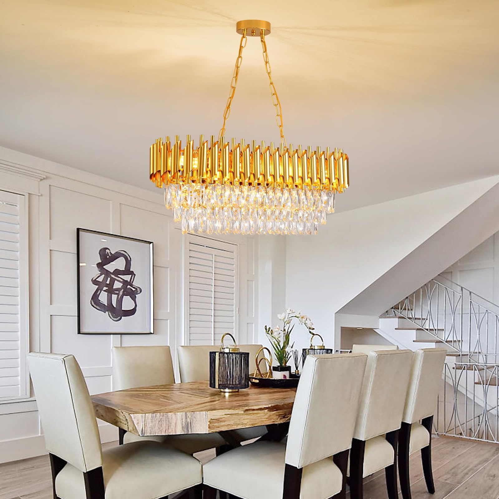 AKDXIRUN 8-Light Modern Crystal Chandelier, Gold, L32 inches, Oval Design for Dining Room, Living Room, Kitchen Island, Model XR00173