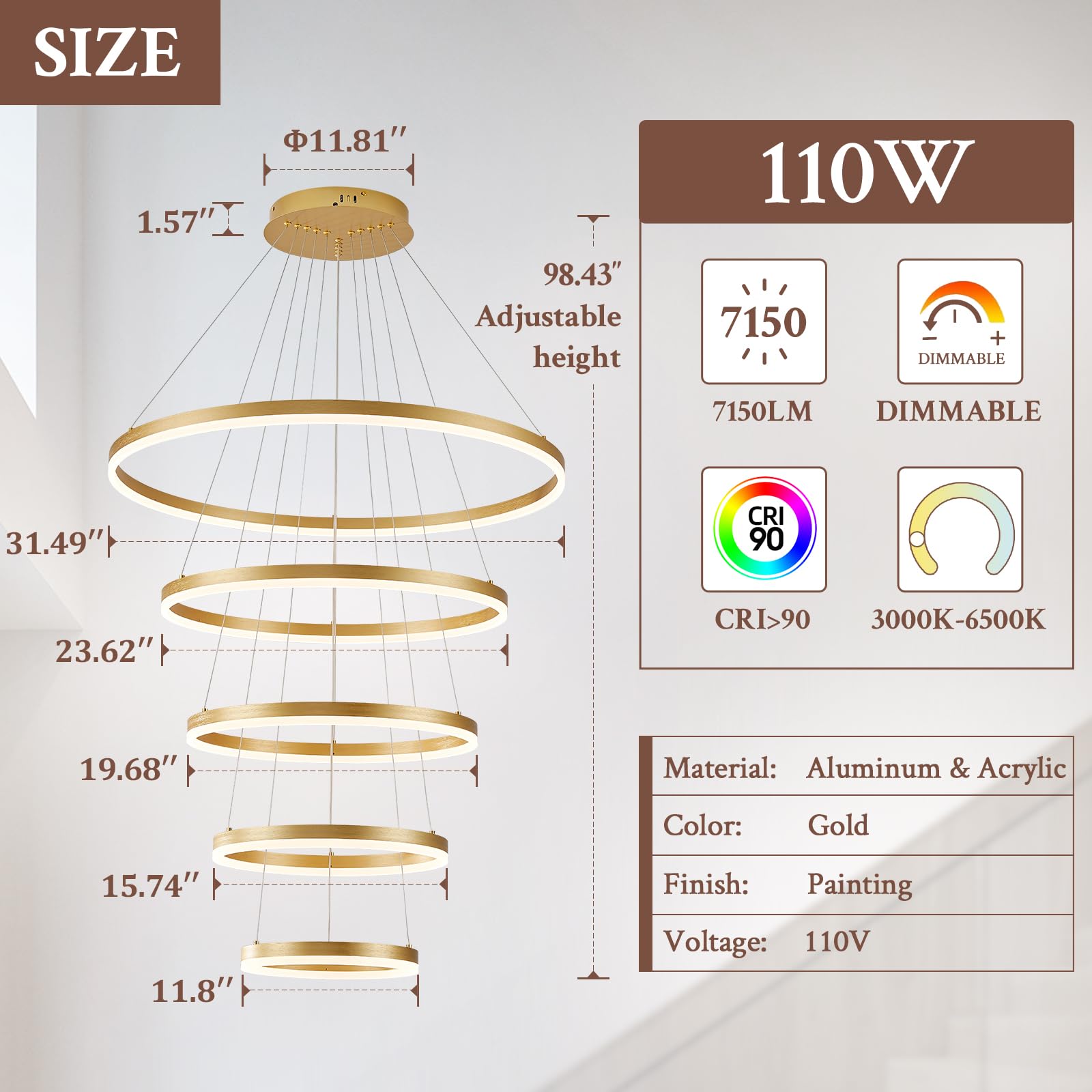 Sparklelf LED Chandelier, 5 Rings 31.5in, Gold, Dimmable, Remote Control, 3000K-6500K, Modern Design for Entryway, Living