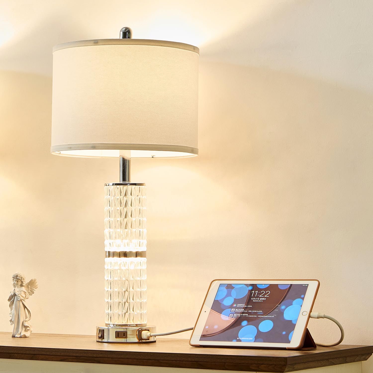 SAIWEYA Crystal Table Lamp, 3-Way Dimmable, 2 USB Ports & AC Outlets, 27in, Silver