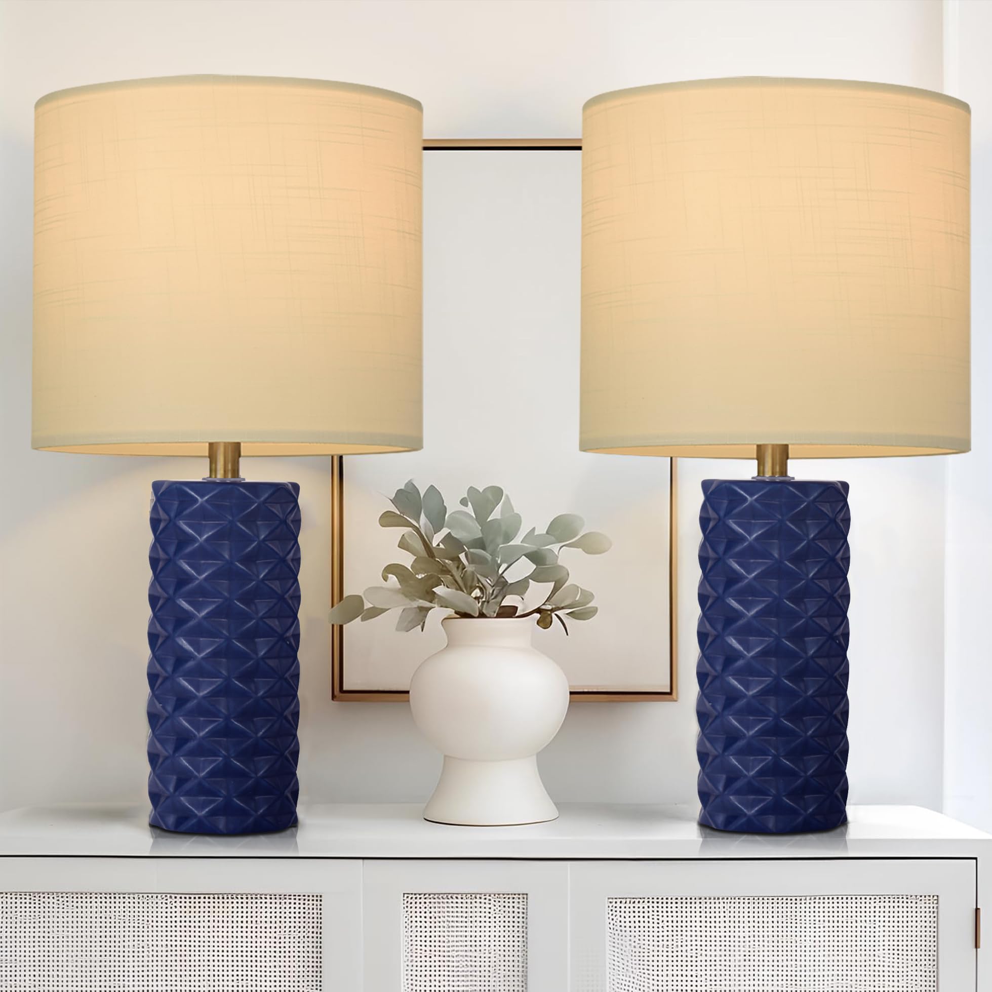 Hgnpjc Navy Ceramic Table Lamp 20'' Modern Nightstand Lamps Set Of 2 Navy Blue Lamp With Fabric Shade Bedside Table Lamp For Liv