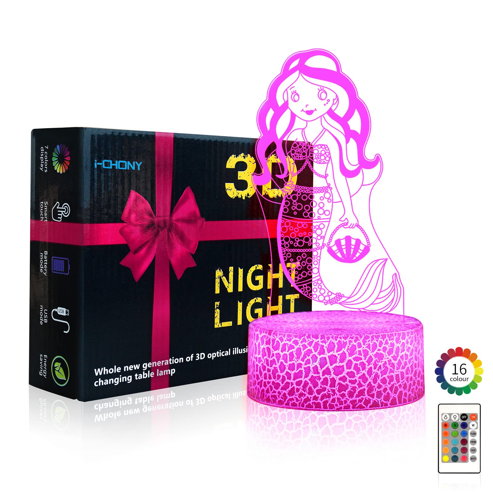 I-Chony Mermaid Gifts Night Light, 3D Illusion Lamp With Remote & Smart Touch, 16 Colors Dimmable Bedroom Decor, Kids Teens Birt