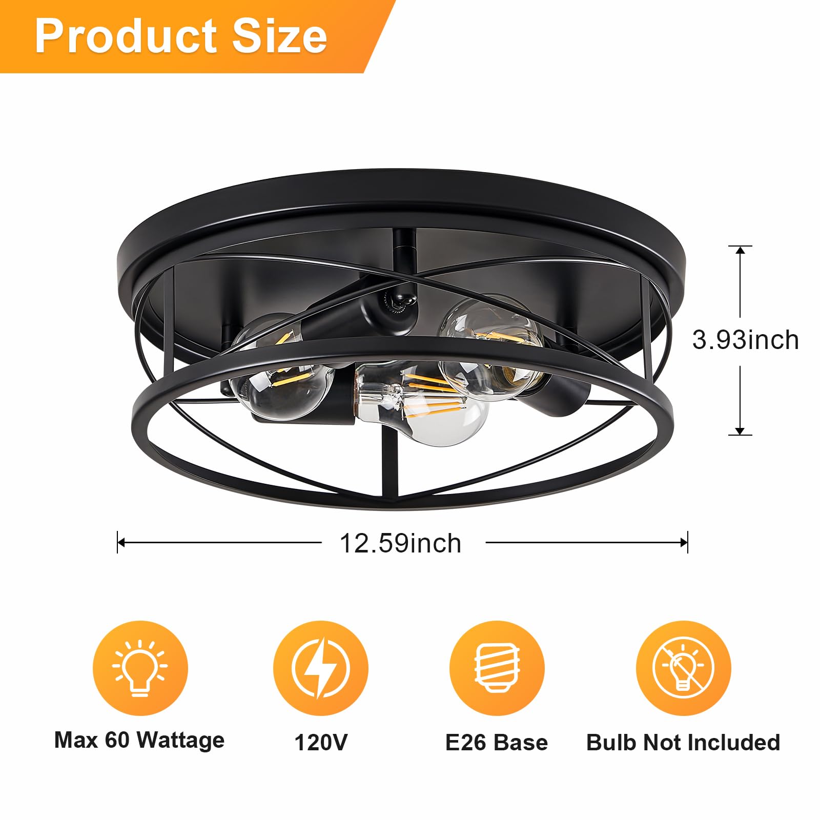 Violoemi Farmhouse Light Fixtures, Black Round Metal Flush Mount Ceiling Light, 3-Light Cage Ceiling Lamp For Kitchen, Foyer, Be