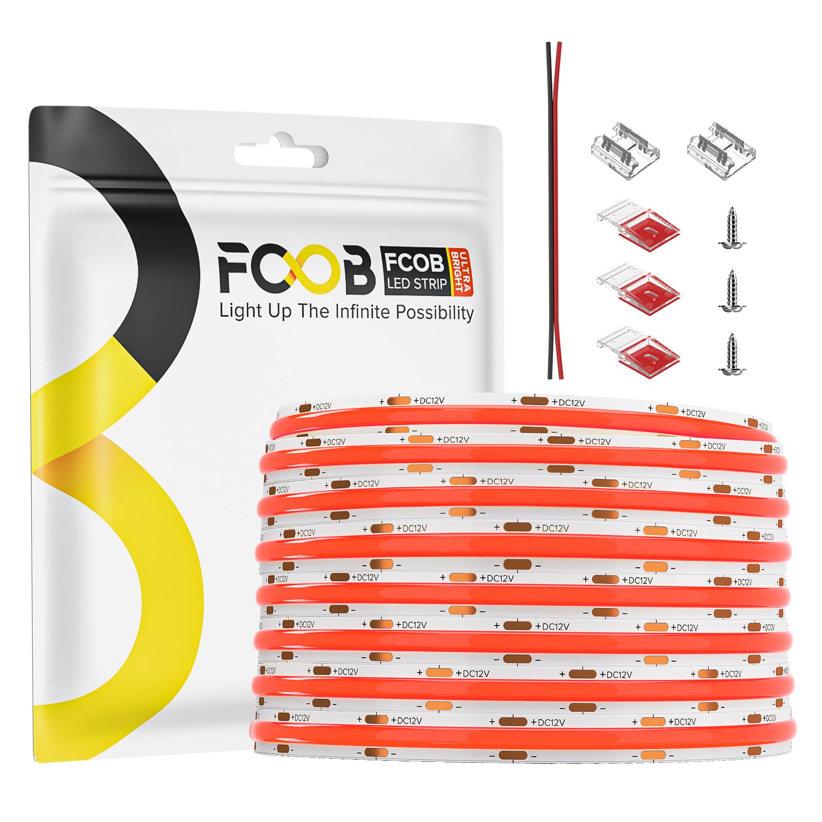 FCOB COB LED Strip Light 16.4FT 24V 480LEDs/m Red Flexible Tape for Indoor Decor Model FCOB5M24V8MM480LWIP30R