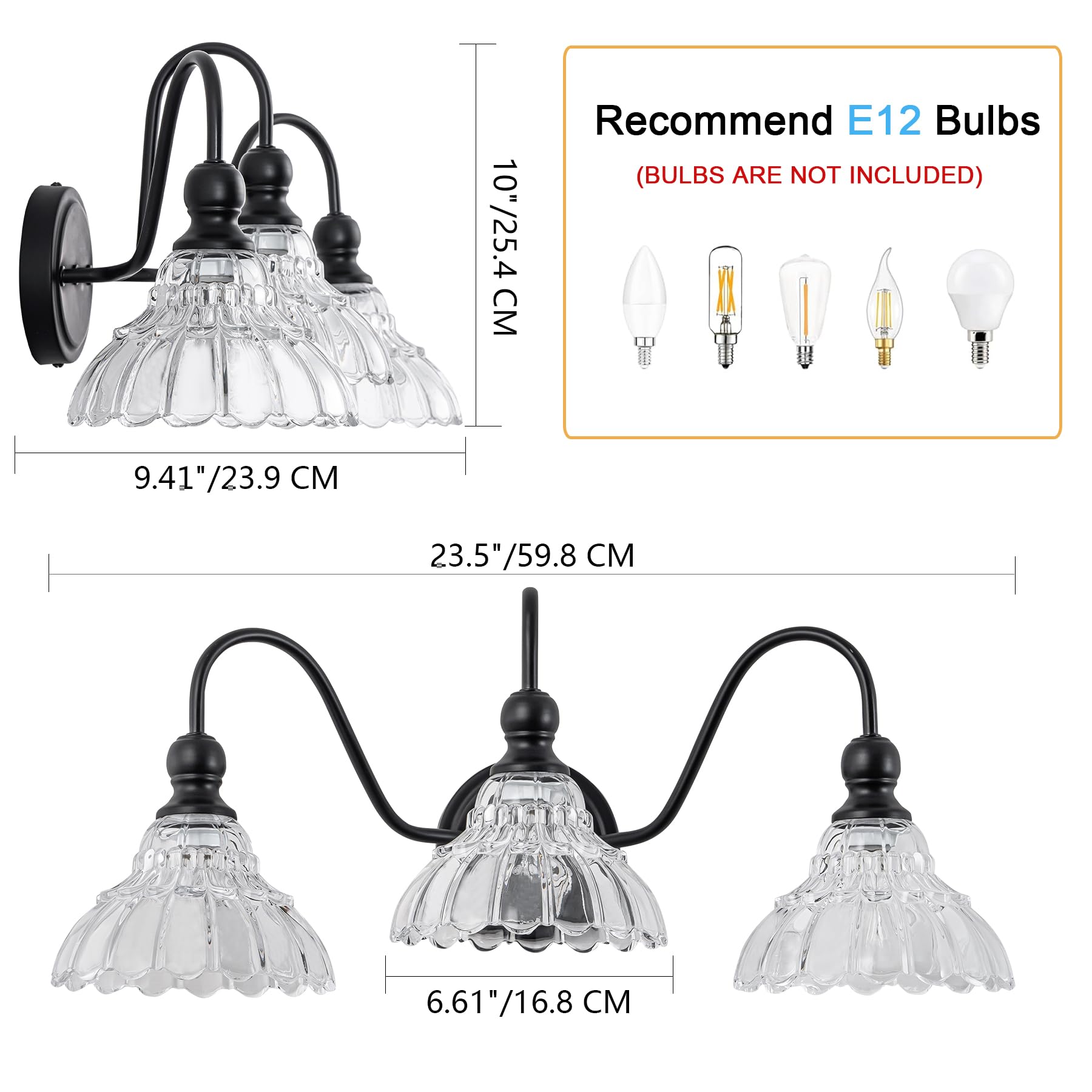 BrkNit 3-Light Black Vintage Bathroom Wall Sconce - Stainless Steel with Flower Glass Shade, Farmhouse Vanity Lighting for Bedroom and Hallway