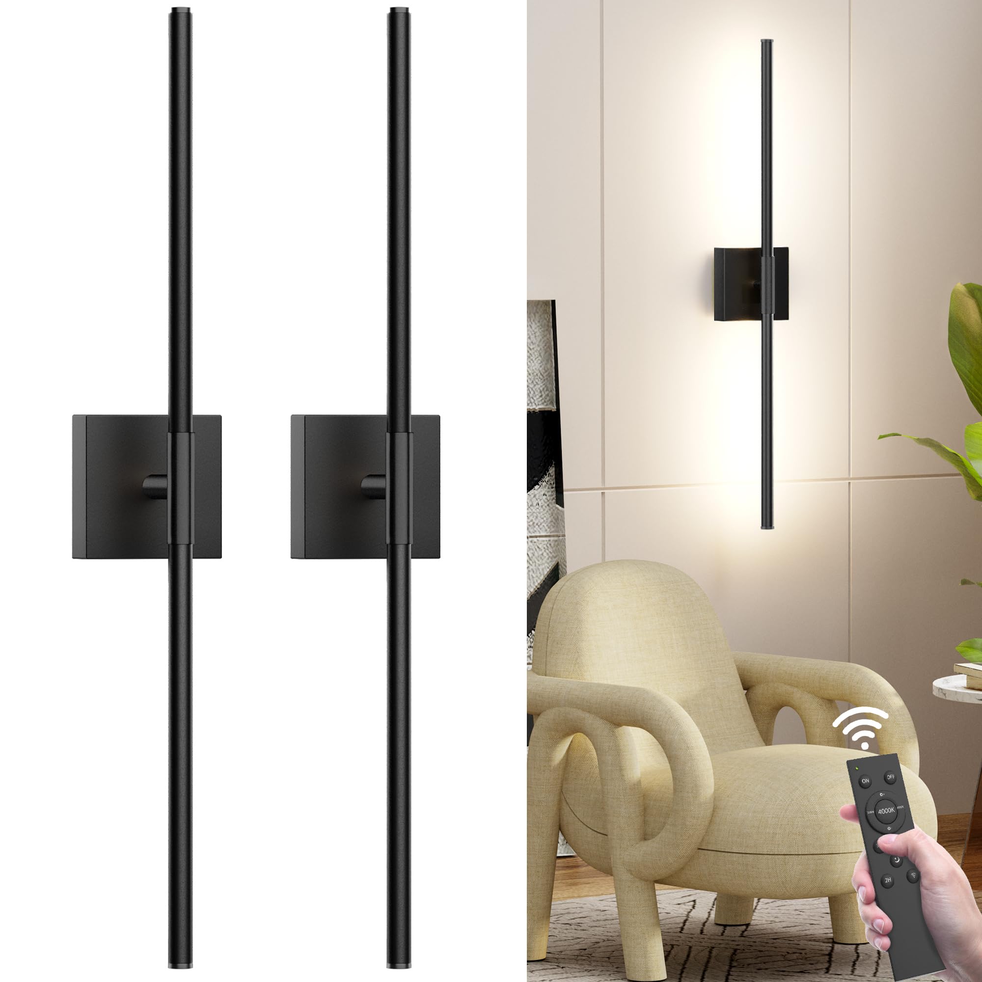 Gift4U Wall Sconce Set of Two, 31.5 Inch, Battery Operated, USB Rechargeable, Remote Control, Dimmable LED, Black