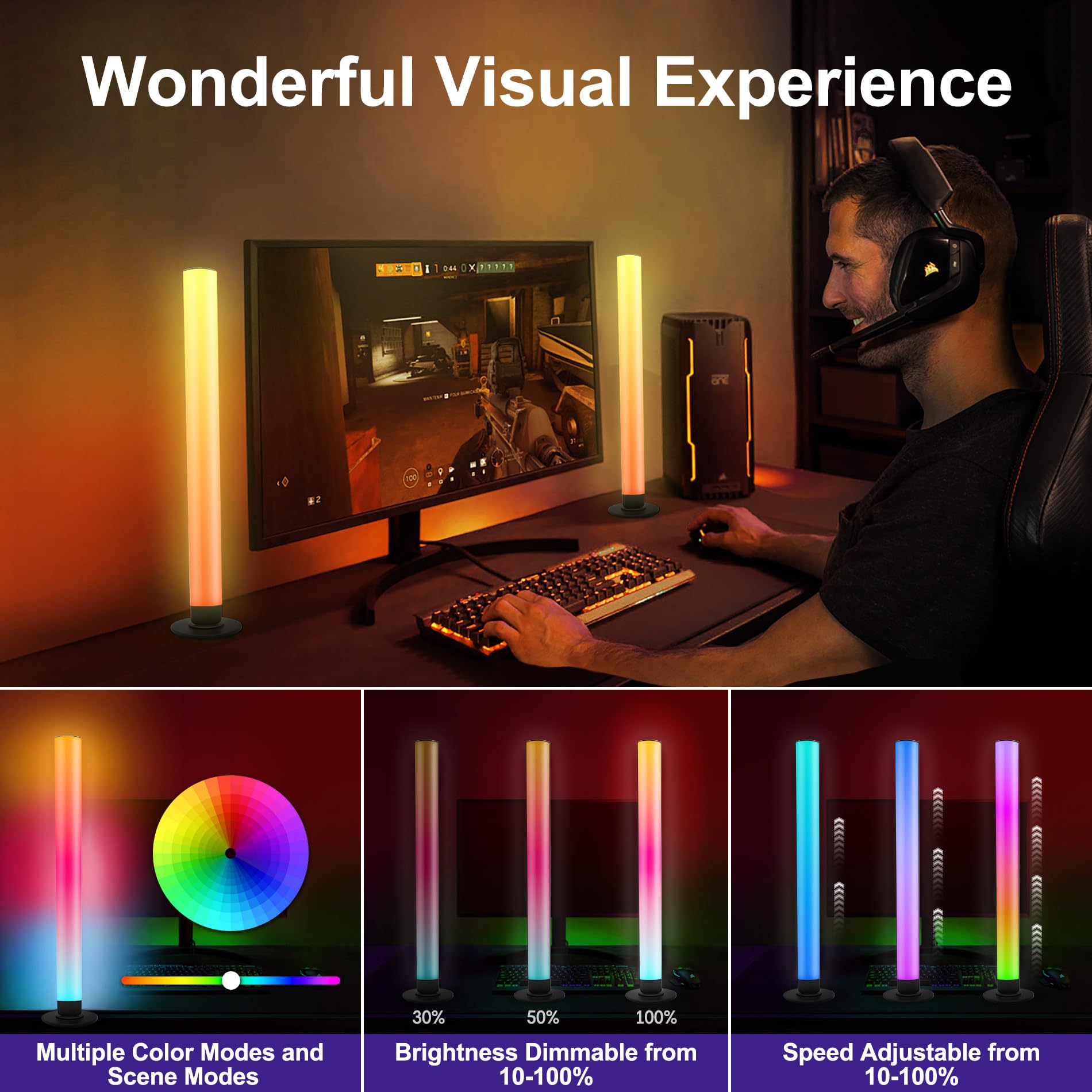 Elouycke Rgb Light Bar, Music Synced Rgb Led Light Bar, 8 Scene Modes And 16 Million Colors Led Gaming Lights, Smart Light Bar With 3 Control Modes, Led Light Bar For Room, Pc, Tv Backlight - 2Pcs