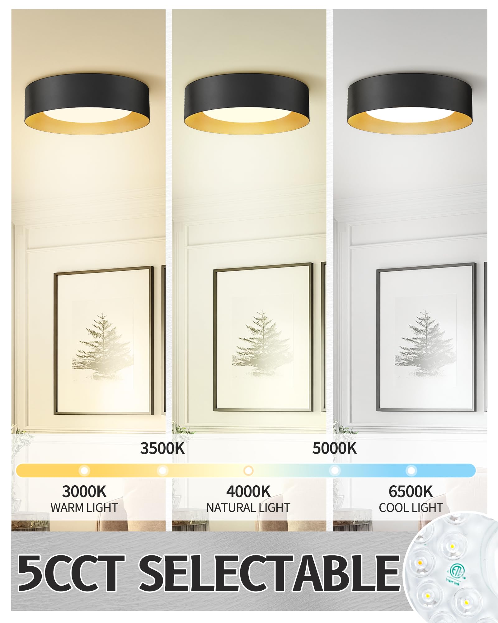 Autelo 16'' Ceiling Light, Led Ceiling Light Flush Mount, 5Cct Ceiling Light Fixture With Frosted Glass In Black Finish, Black L