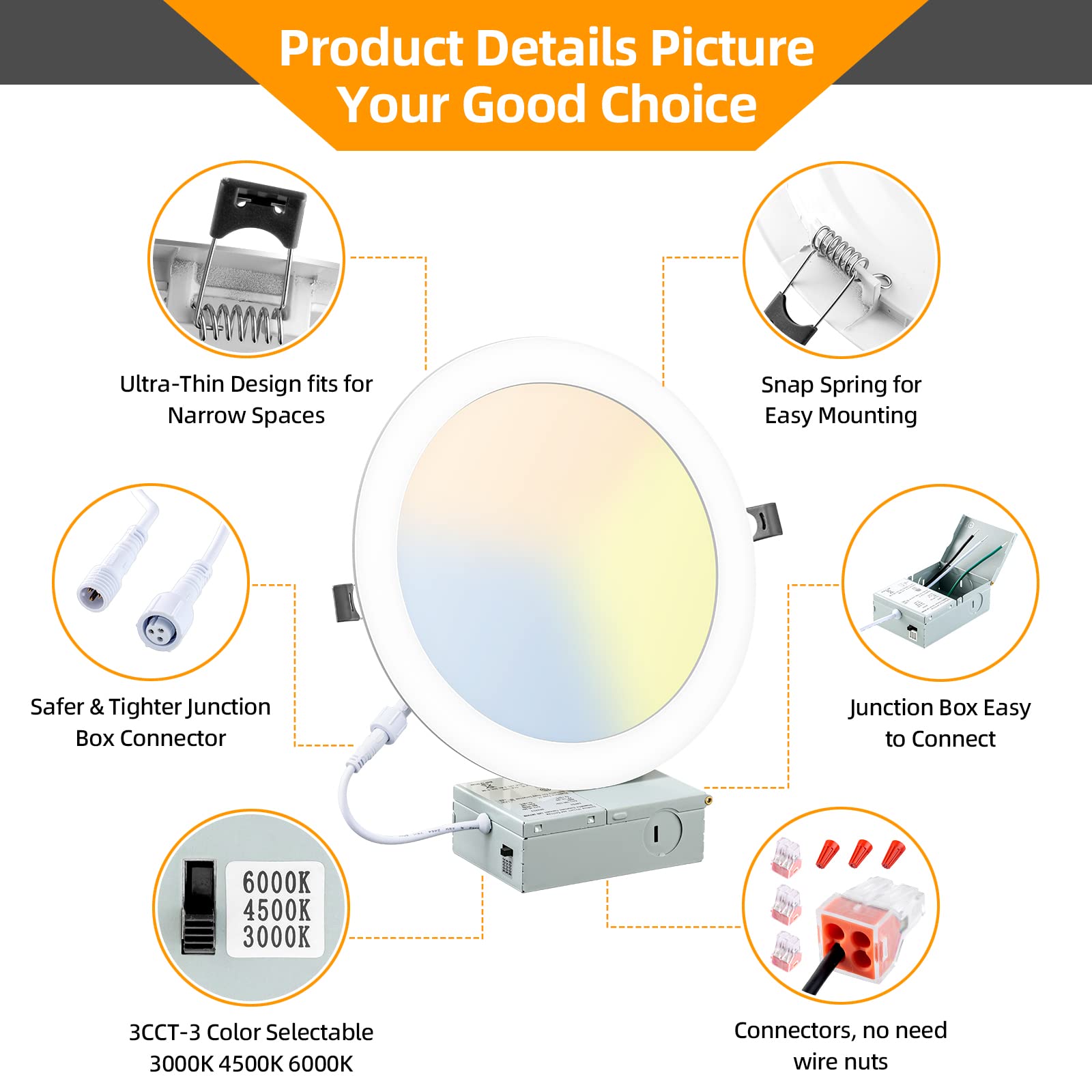 8 Inch Led Recessed Lighting With Junction Box Ultra-Thin, 3000K/4500K/6000K Selectable, 8'' Dimmable Canless Led Downlight, 180