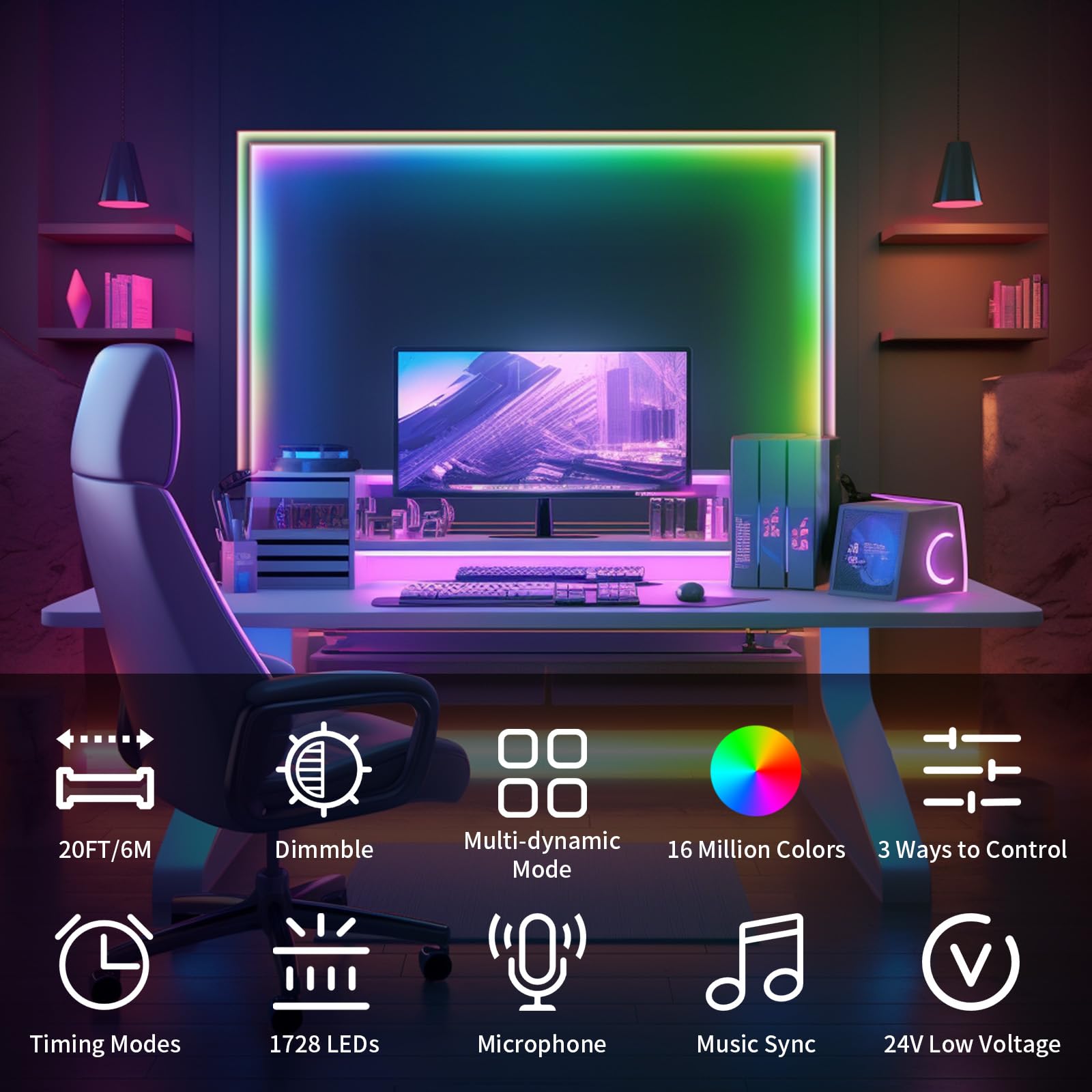 Bunacet 20Ft Led Strip Lights Cob Smart Ic, 24V Rgb Led Lights For Bedroom With Rf Remote Smart App Button Controller Music Sync