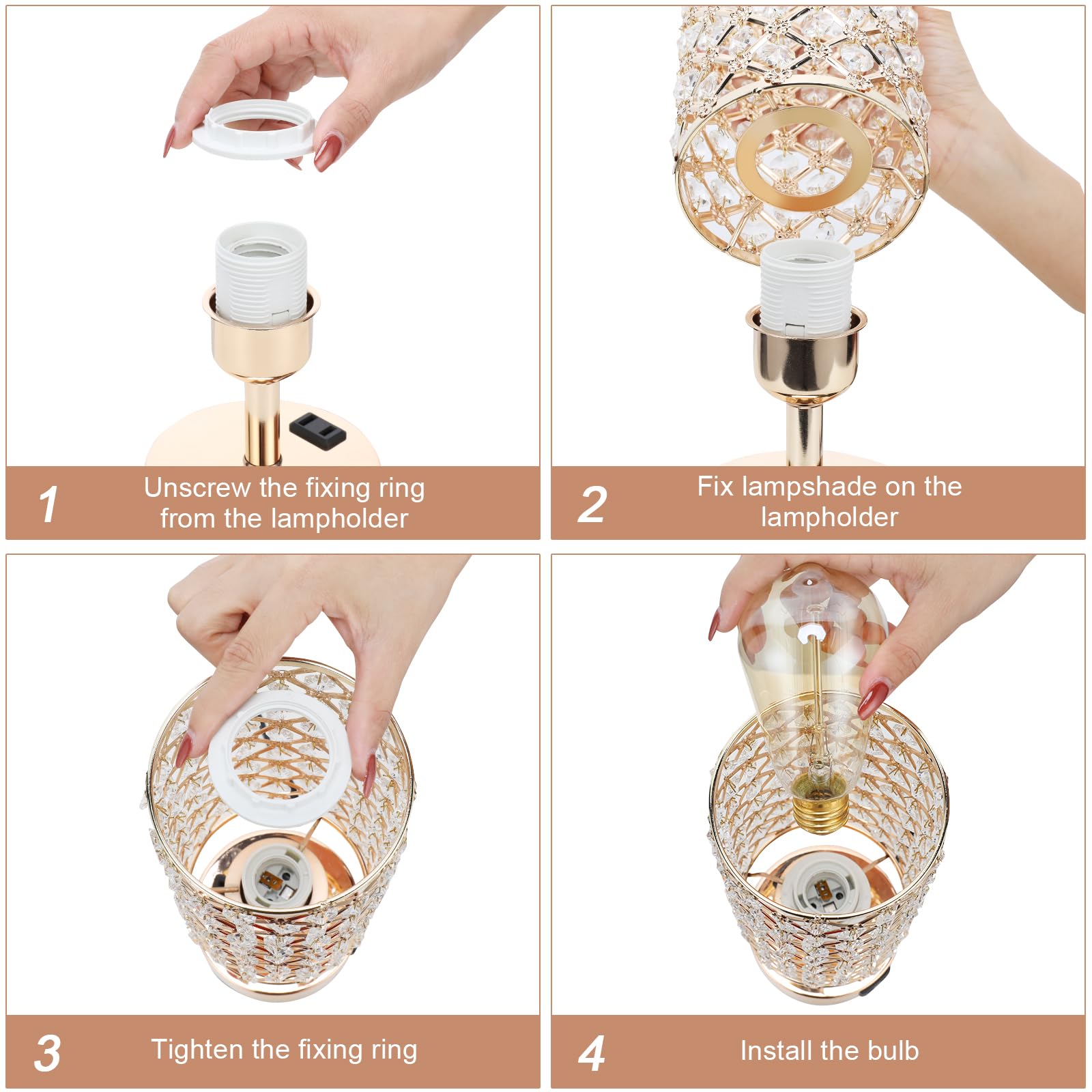 Hong-In Dimmable Gold Lamps Set Of 2 With Usb-C Charging Ports, 3-Way Crystal Bedside Lights For Bedroom And Living Room