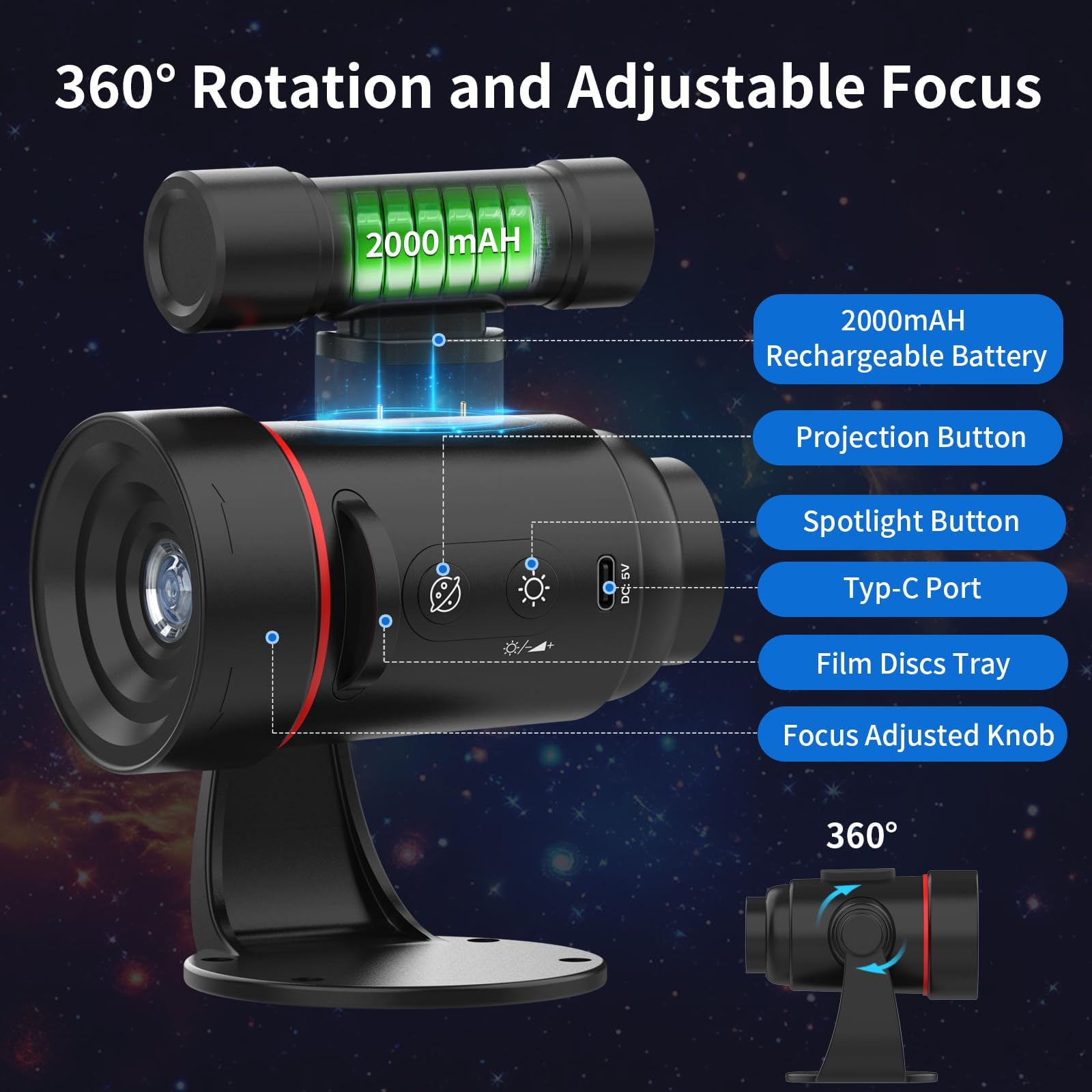 Upgraded Star Projector, Rechargeable HD Planetarium Galaxy Projector with 2000mAh Battery, Wall Mounted Ceiling Projector Light
