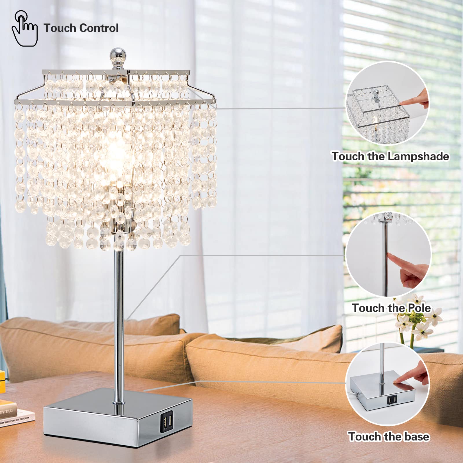 Luvkczc Crystal Table Lamp - Touch Control, 3-Way Dimmable, USB, Silver, Includes 6W LED Bulb, Perfect for Bedroom & Living Room