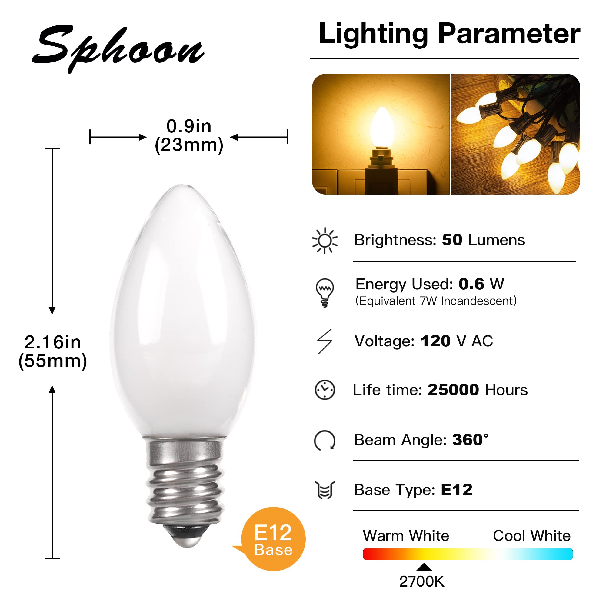 Sphoon C7 LED Light Bulbs - 0.6W Equivalent, Warm White 2700K, Milky White Glass, 5 Pack