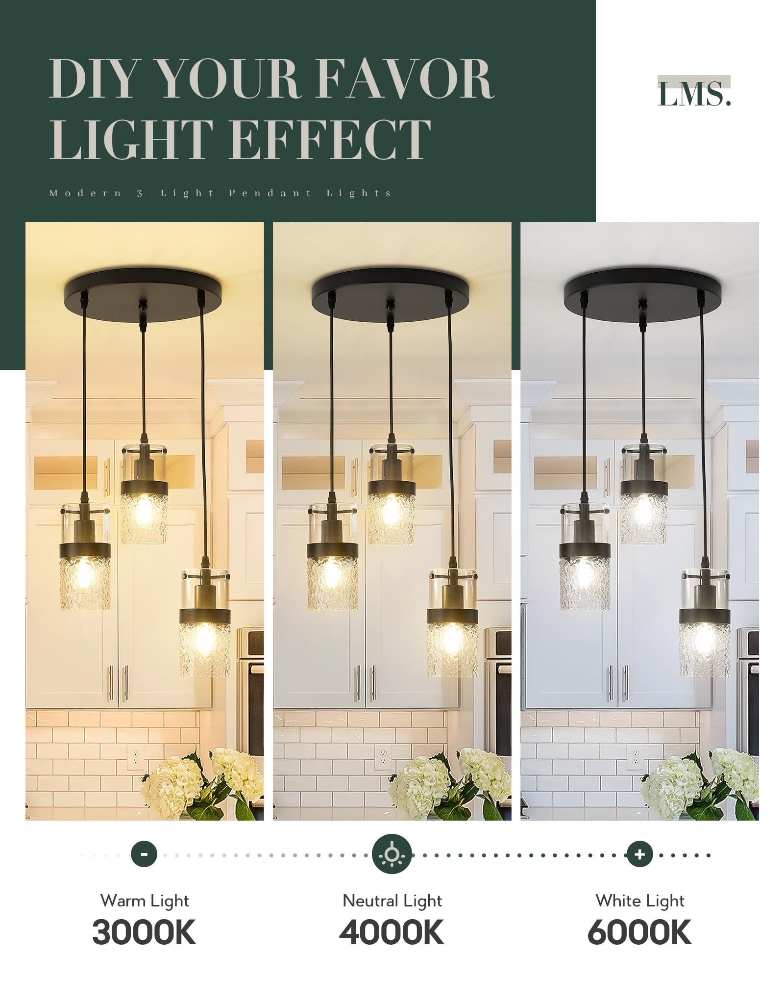 Lms Black 3-Light Pendant Fixtures, Adjustable Kitchen Hanging Light Fixture, Cluster Pendant Lights, Lms-188