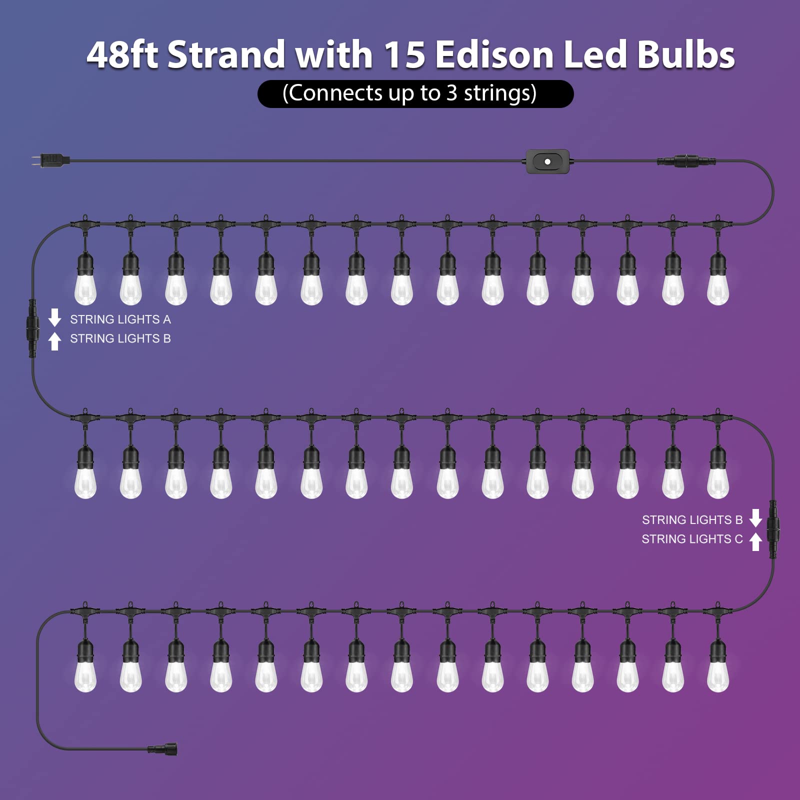 Mlambert 144Ft(3X48Ft) Multicolor Outdoor Patio Lights, Dimmable Rgb Cafe String Lights With 45+6 Waterproof Led Bulbs For Garde