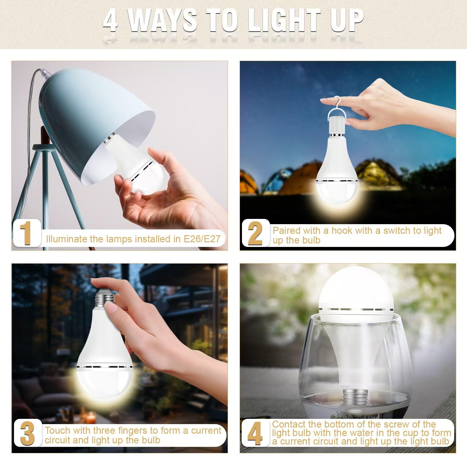 Scheinenda Rechargeable Emergency Light Bulbs,Soft White 3000K,Battery Operated Light Bulb,Keep Lighting When Power Failure,1200