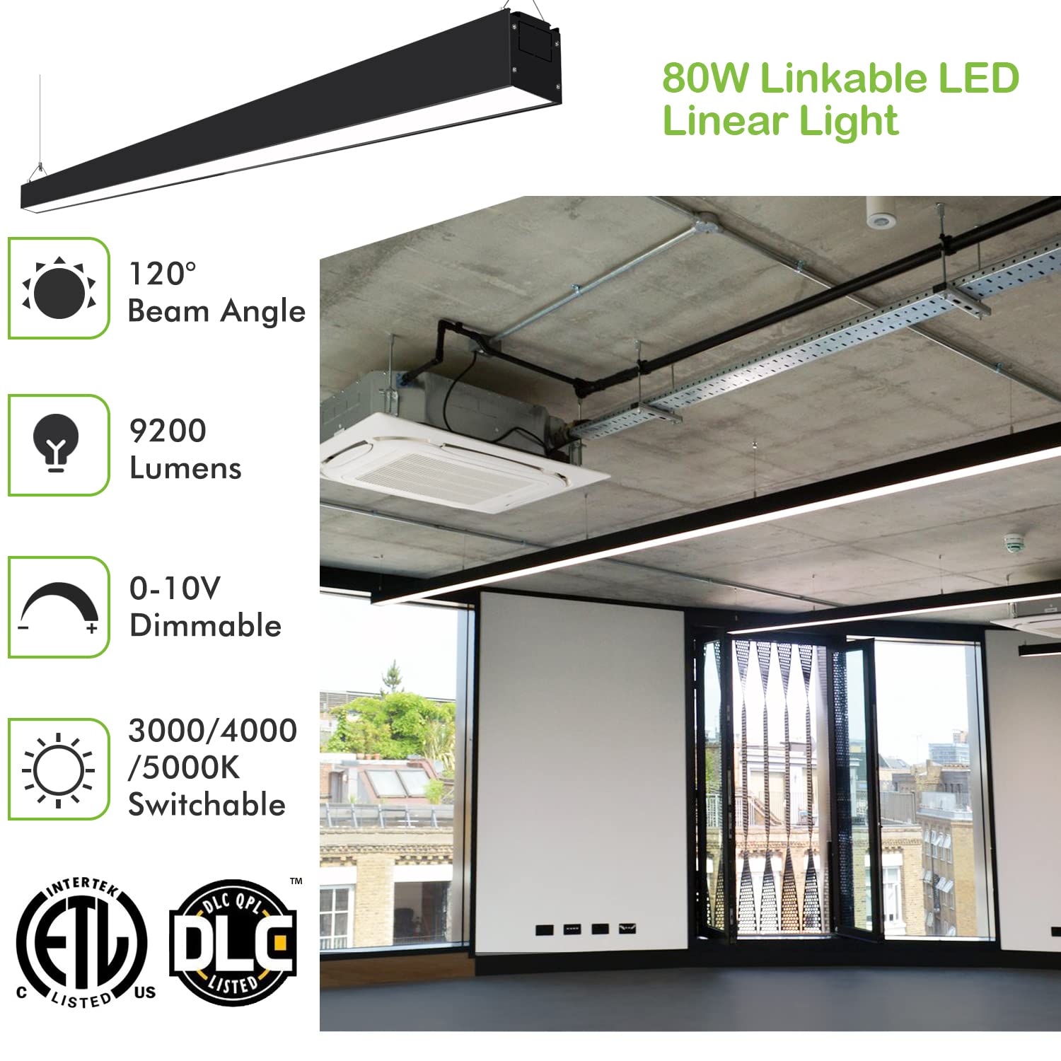 Hykolity 8Ft Linkable Led Linear Light  80W 9200Lm 3000K/4000K/5000K Cct Selectable  0-10V Dimmable Architectural Led Suspension Office Lighting Fixture For Market  Garage  Etl 4 Pack-Black
