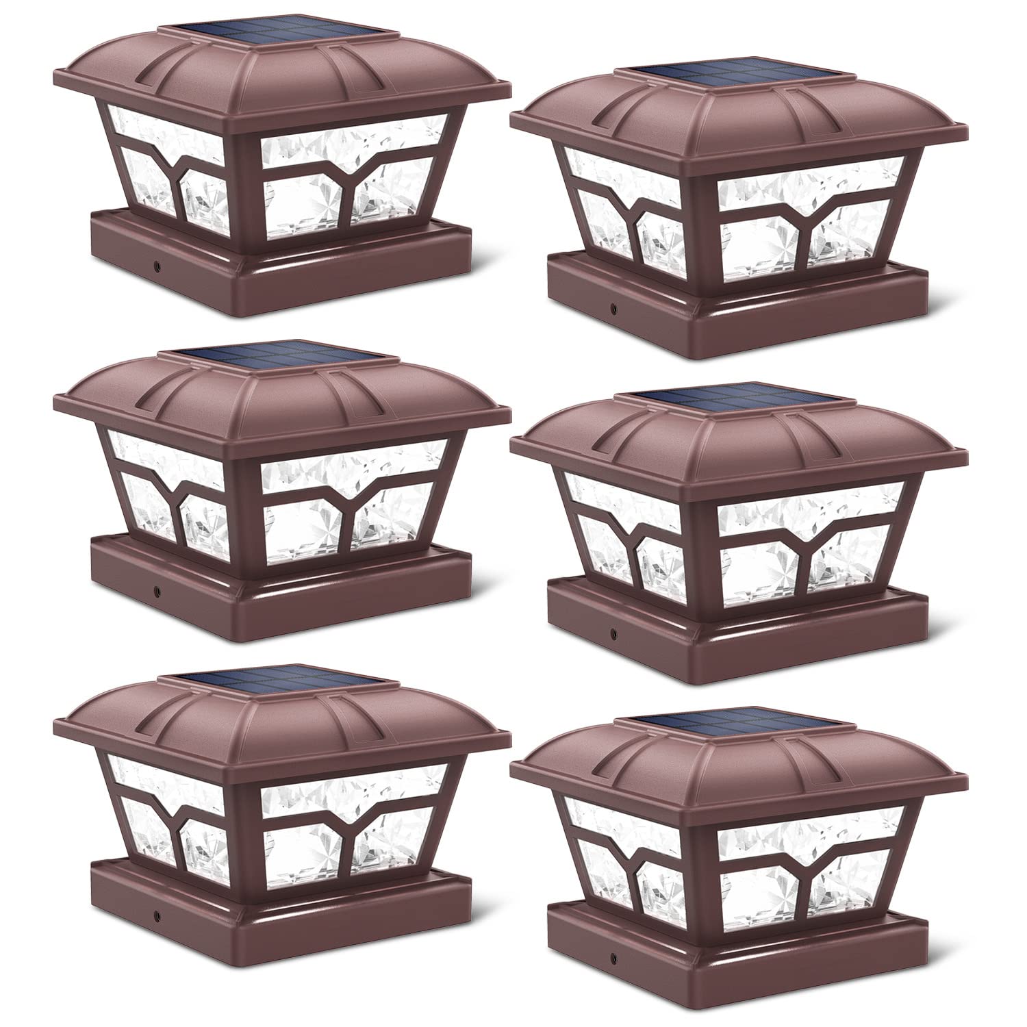 SIEDiNLAR Solar Post Cap Lights, 8 LEDs, 2 Color Modes, Brown, 6 Pack, Fits 4x4 5x5 6x6 Posts, Model