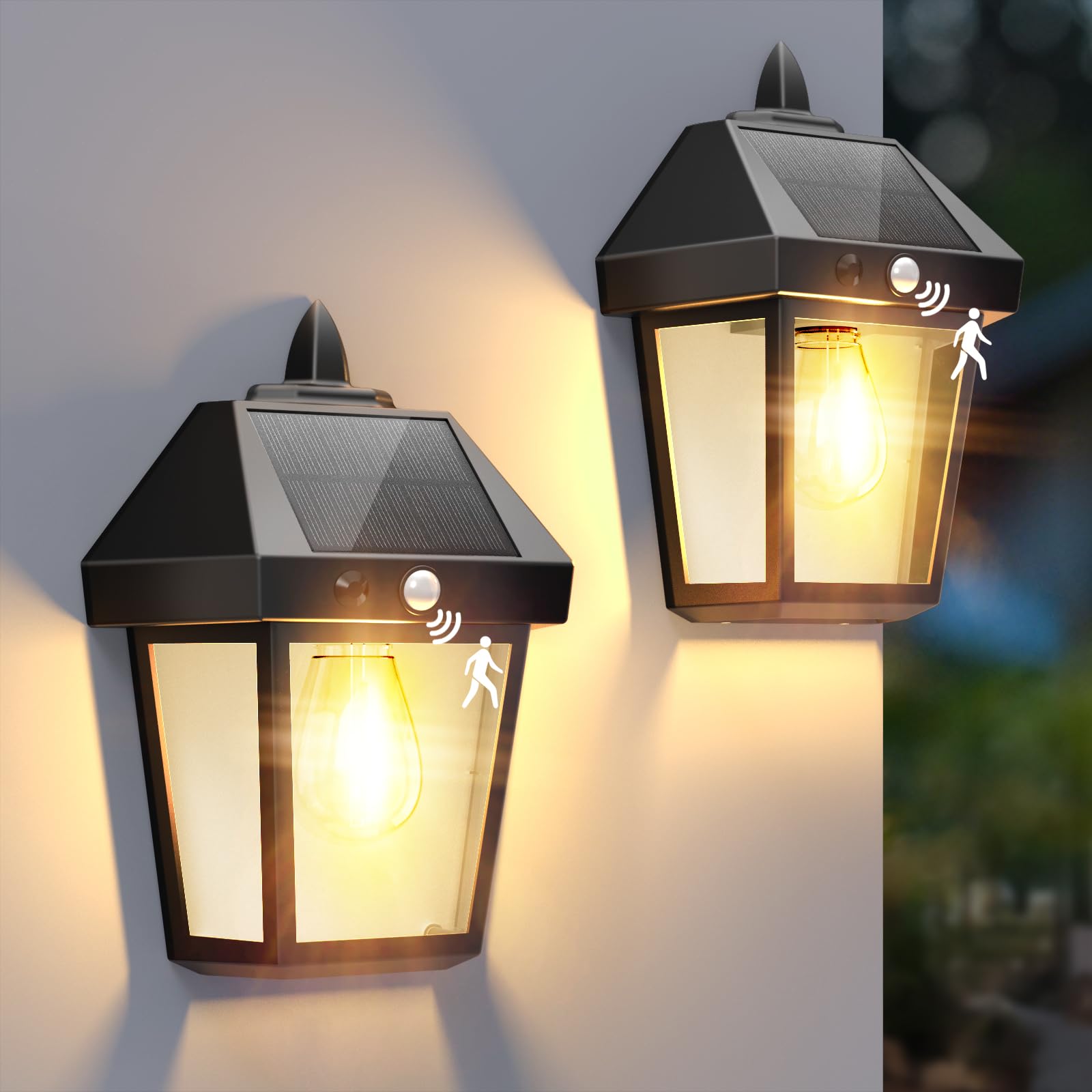 DERAYSION Solar Porch Lights Outdoor  9 Inch Solar Wall Lanterns with Motion Sensor  3 Mode Adjustable Brightness Waterproof Outdoor Solar Lights for Porch Door Patio Fence Garage -2 Pack