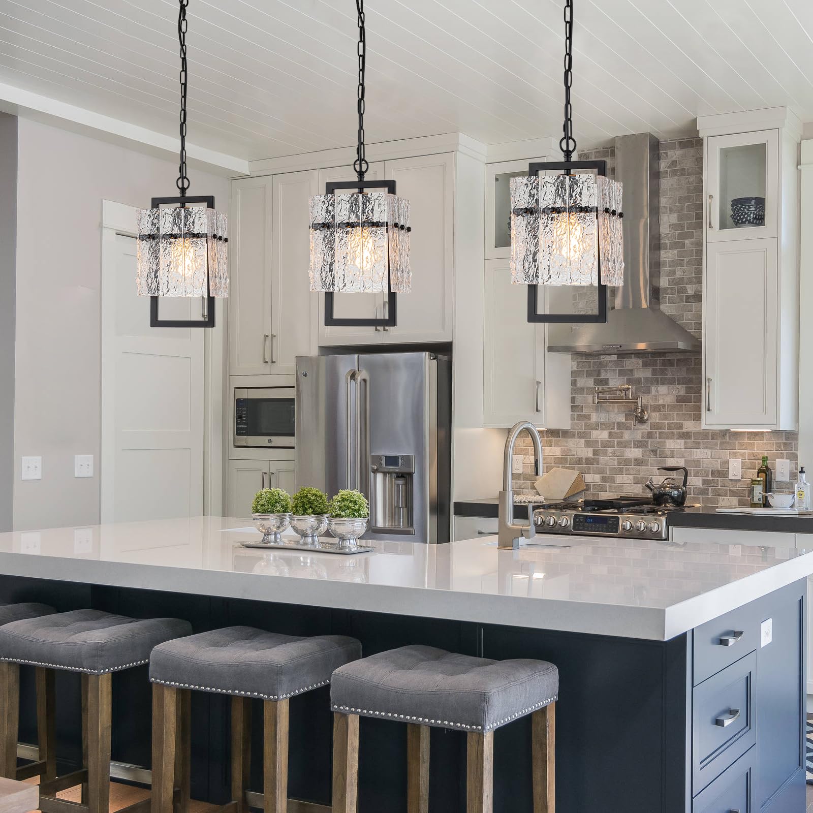 Modern Black Pendant Lights Kitchen Island, Crystal Kitchen Island Lighting With Water Ripple Glass Pendant Light Fixtures Elega
