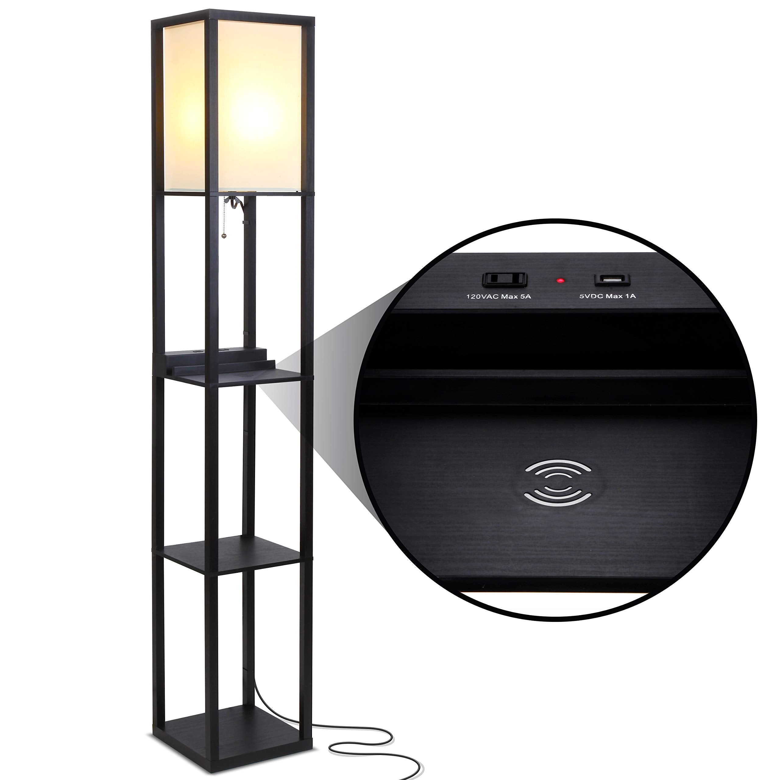 Brightech Maxwell Modern Shelf Floor Lamp with USB Ports, Wireless Charging, Black