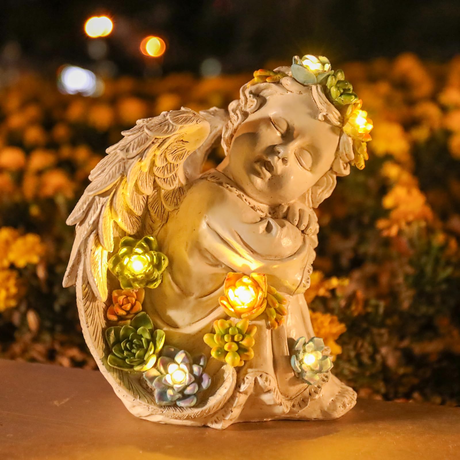 Solar Cherub Angel Outdoor Garden Decor Statues - 8 inches Angel Figurines Outdoor Sculptures with Succulent, Garden Statues for