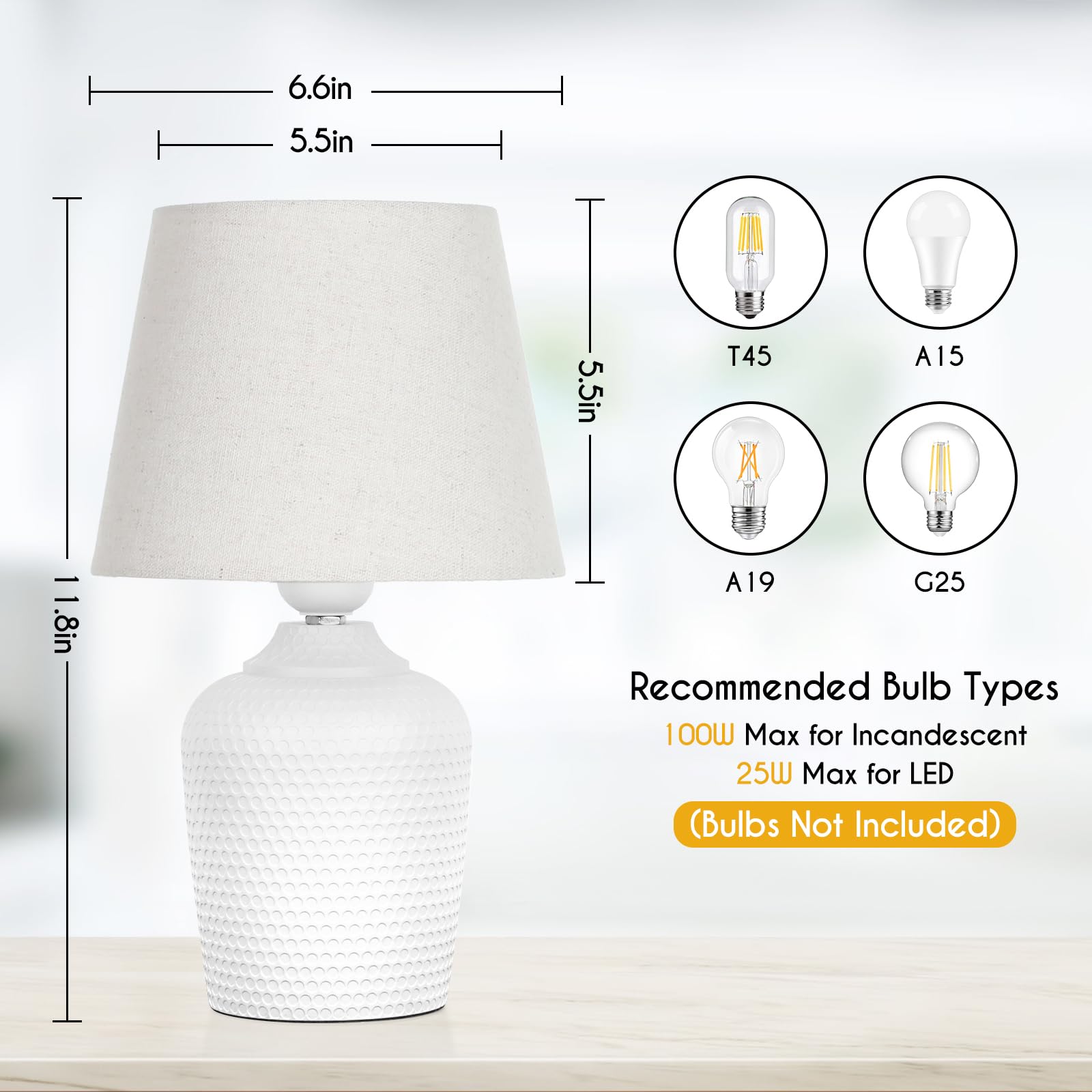 Sucolite 12'' Table Lamps Set of 2 - Beige & White, Studded Texture Base for Bedroom, Nursery, Office - Model T0438-WH+AP