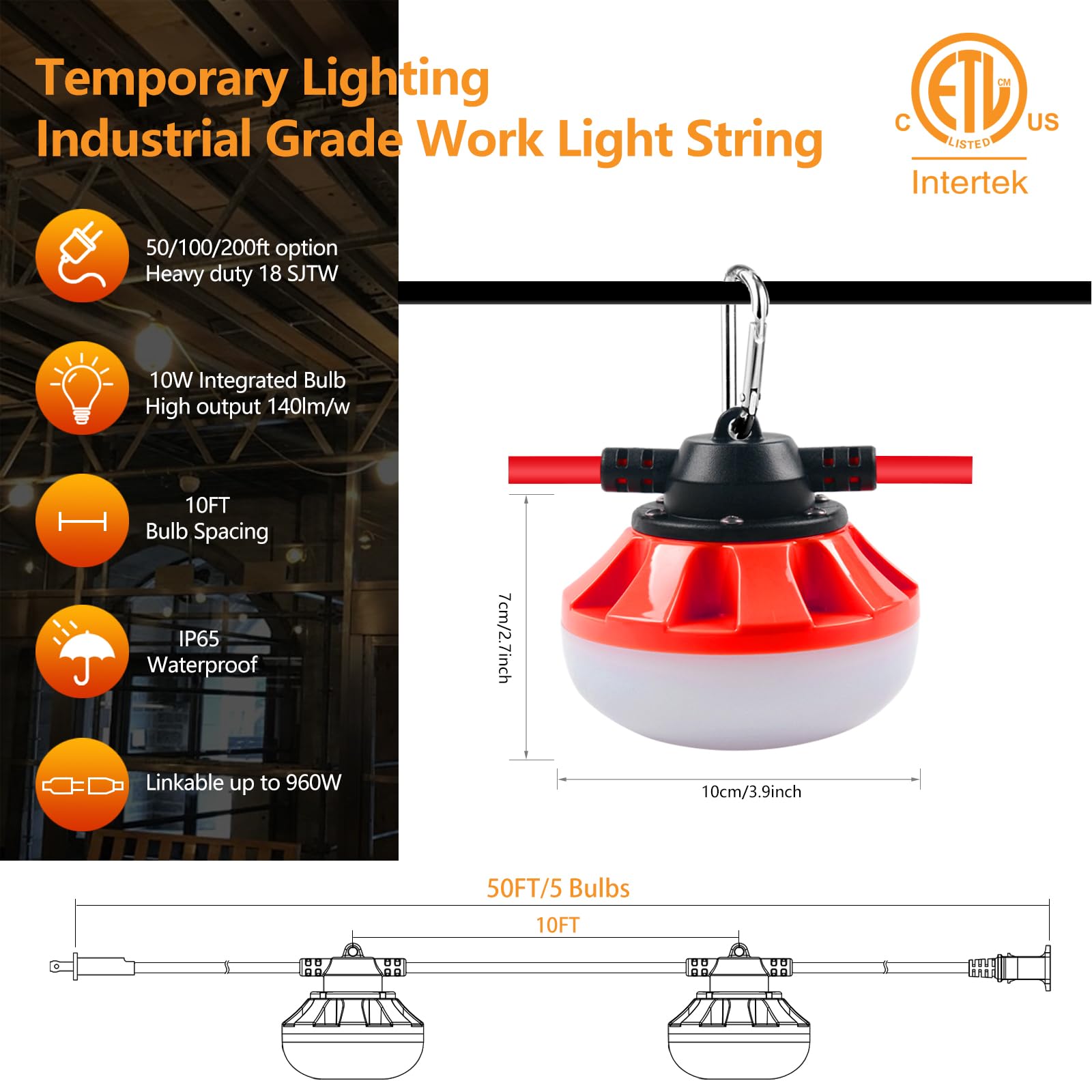 Muasdae 50Ft Led Construction String Lights Temporary Lighting 5000Lm Outdoor Construction Temporary Work Lights Super Bright,5