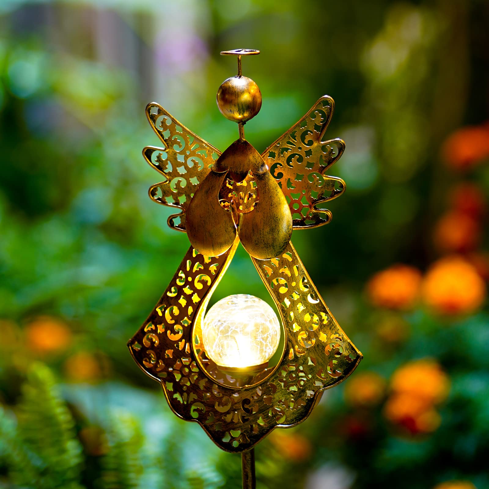 Starryfill Solar Angel Stake Light - Waterproof Crackle Glass Globe, 40.5" Metal Bronze Garden Decor