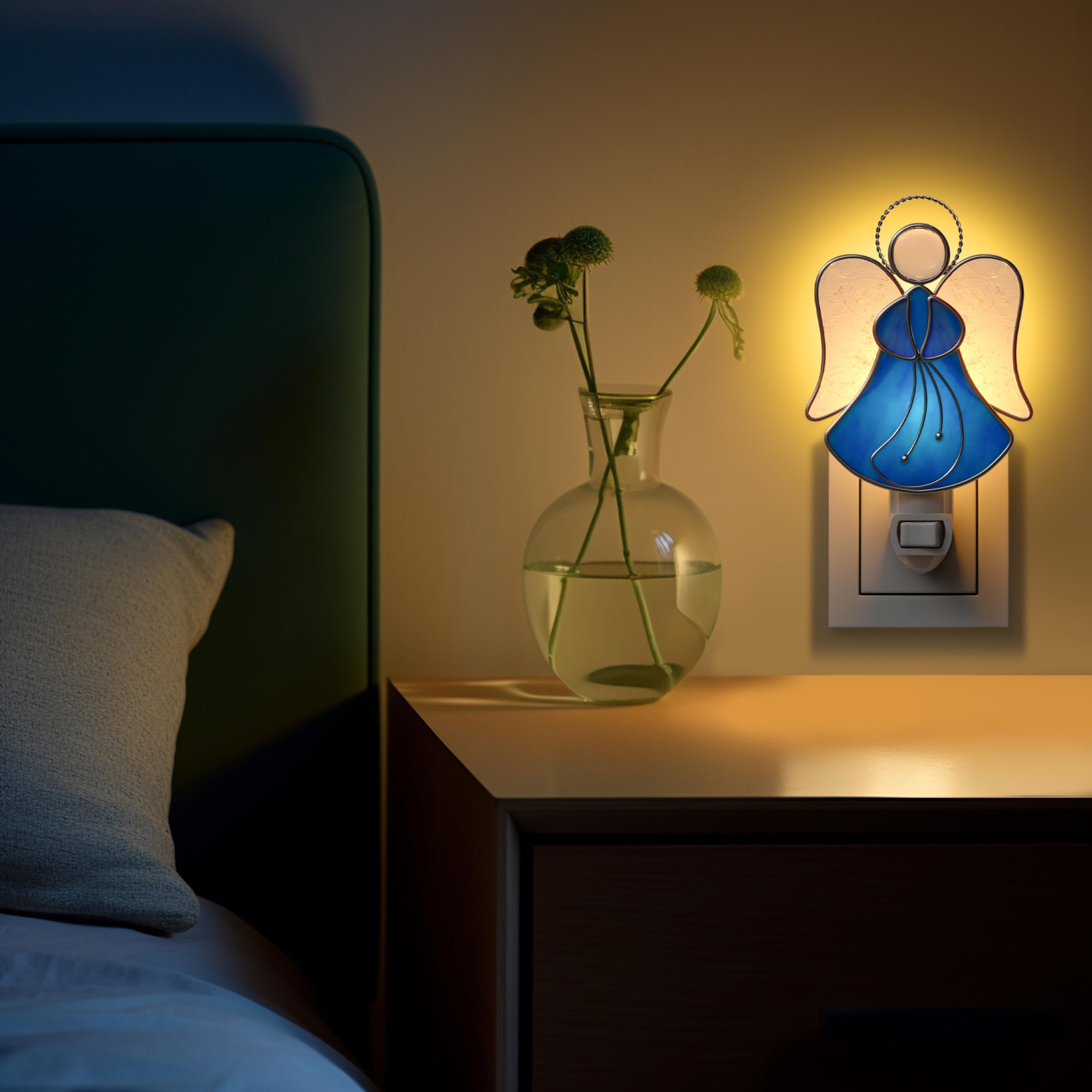 Kundgla Stained Glass Angel Night Lights Plug Into Wall, Angel Bright Plug In Nightlight, Suncatcher Embedded In Glass, Gift For