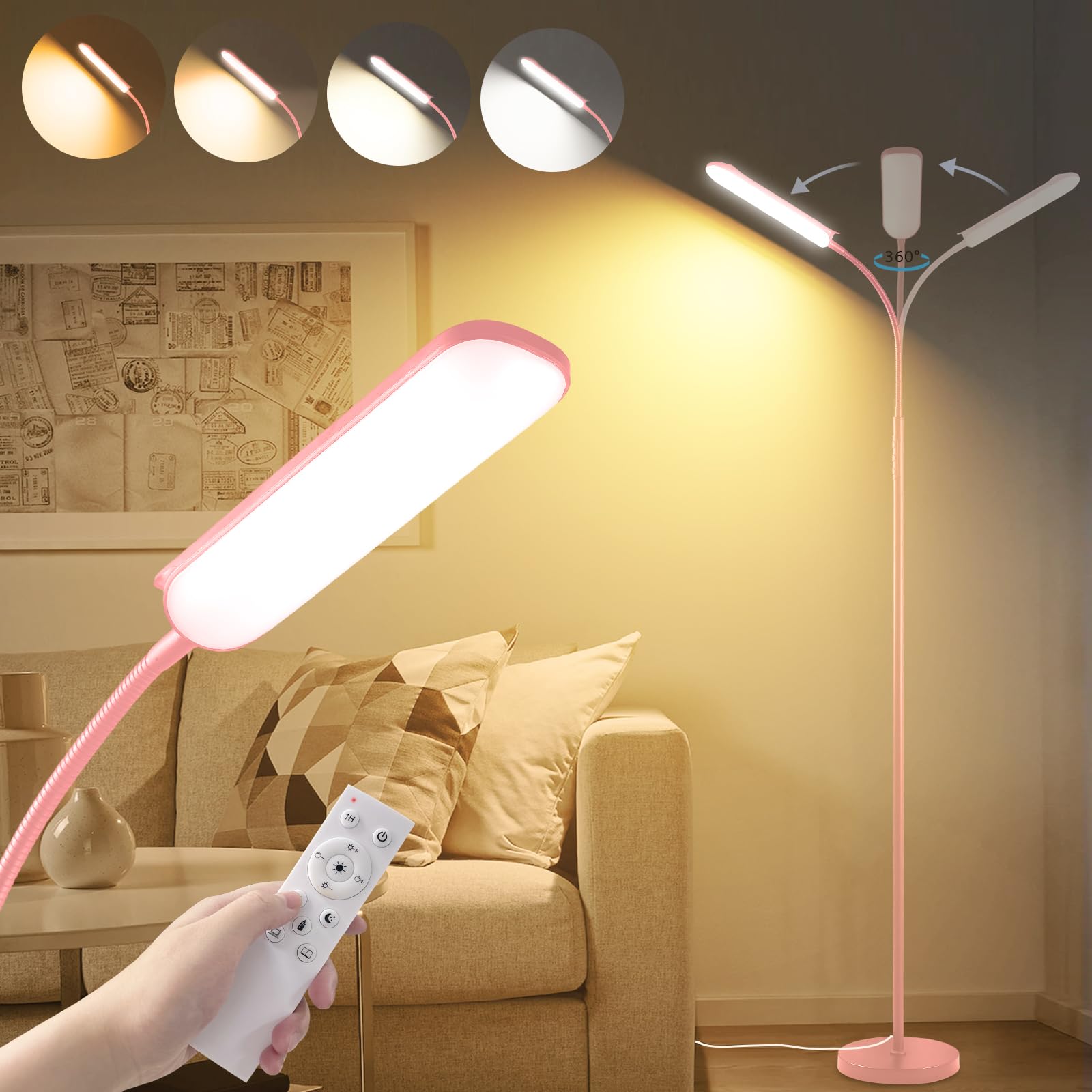 marctronic Pink LED Floor Lamp, 18W 1800LM Bright Floor Lamp with Remote & Works with Smart Plug, Dimmable Timing Eye Caring Rea