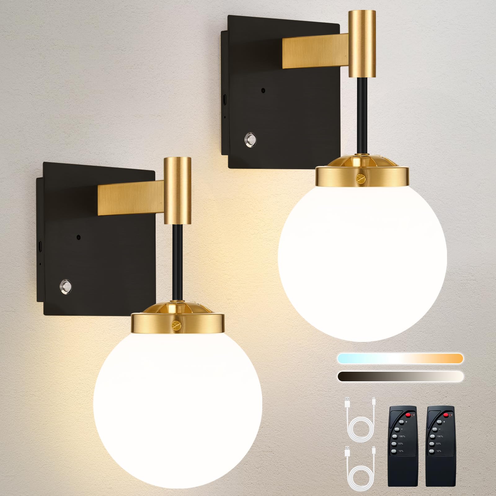 Rayogale Rechargeable Battery Wall Sconce - Wireless, Dimmable, Timer, Remote, Touch Control, Metal, Black Gold, 2 Pack, Model WL-7102-BG-2