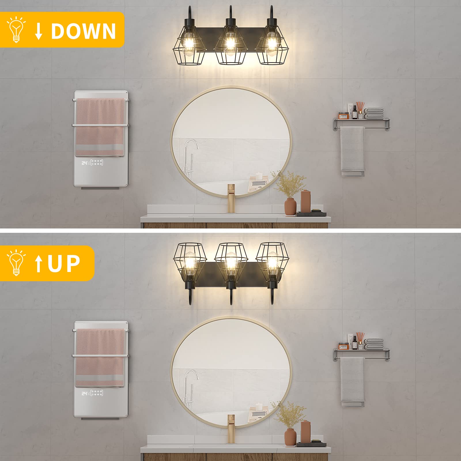 Elibbren Industrial Bathroom Vanity Light, 3-Light, Metal, Black, UL Listed, Model 3toutuoyuanbidegn