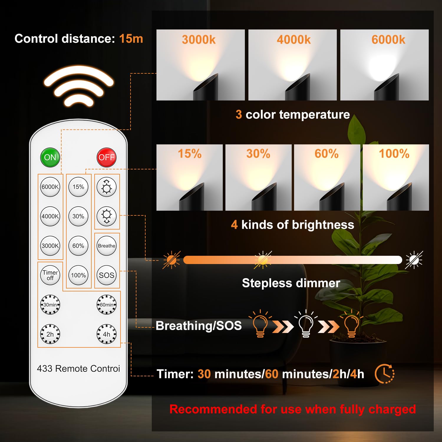 Rechargeable Indoor Up Lights Portable Floor Can Lights with Spotlight Function Remote Control Timer 3 Color Temperatures 5000mA