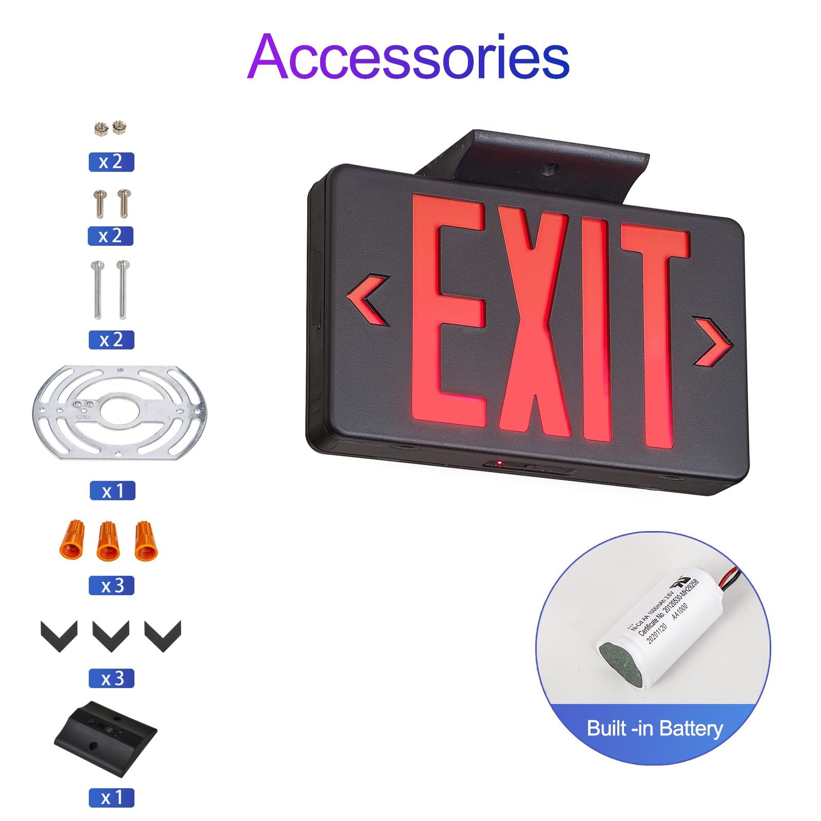 Gzruiyang Red Exit Sign With Black Housing, Led Emergency Light With Battery Backup, Ul Listed, Ac 120/277V, Commercial Lights F