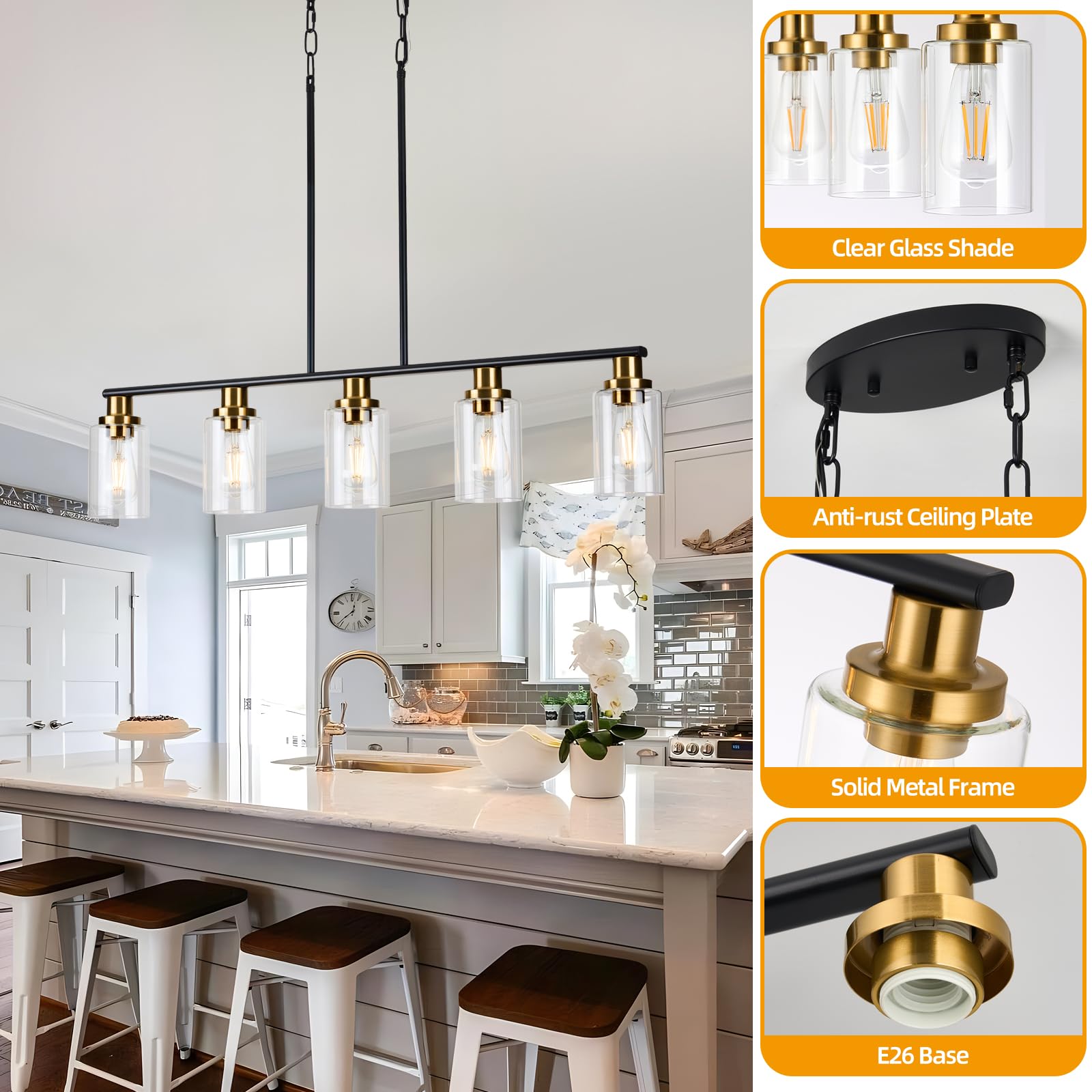 Kpiok Dining Room Light Fixture,5-Light Farmhouse Linear Chandeliers For Dining Room Over Table,Matte Black And Gold Finish Kitchen Island Pendant Lighting For Kitchen Island,Pool Table Light