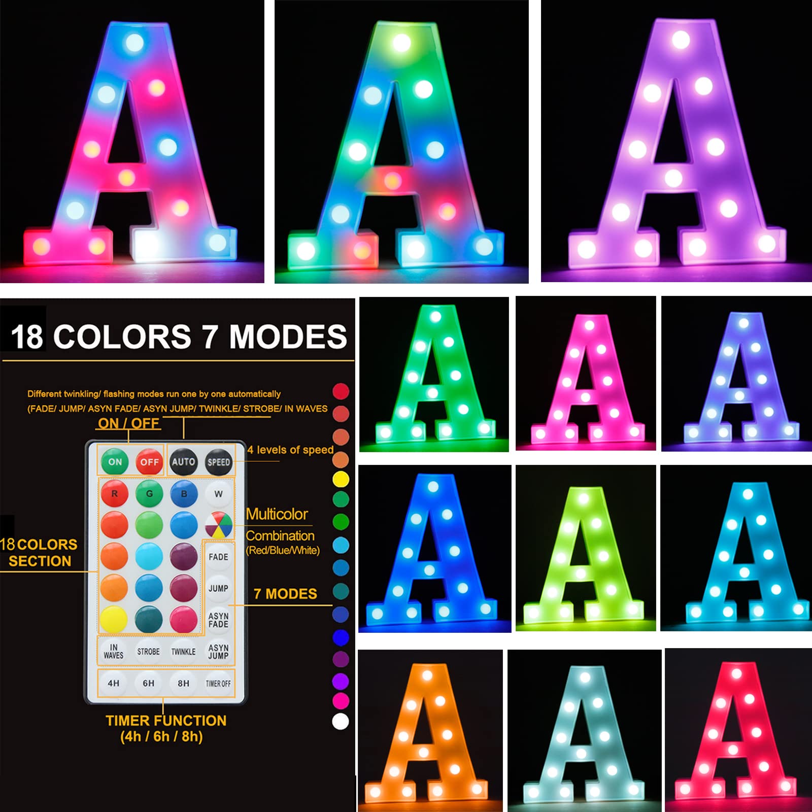 Light Up Colorful Led Marquee Letter Lights, 18 Colors Changing Alphabet Letters Sign With Remote Timer For Night Light Girls Bedroom Wedding Birthday Party Lamp Christmas Home Bar Decor- Colorful K
