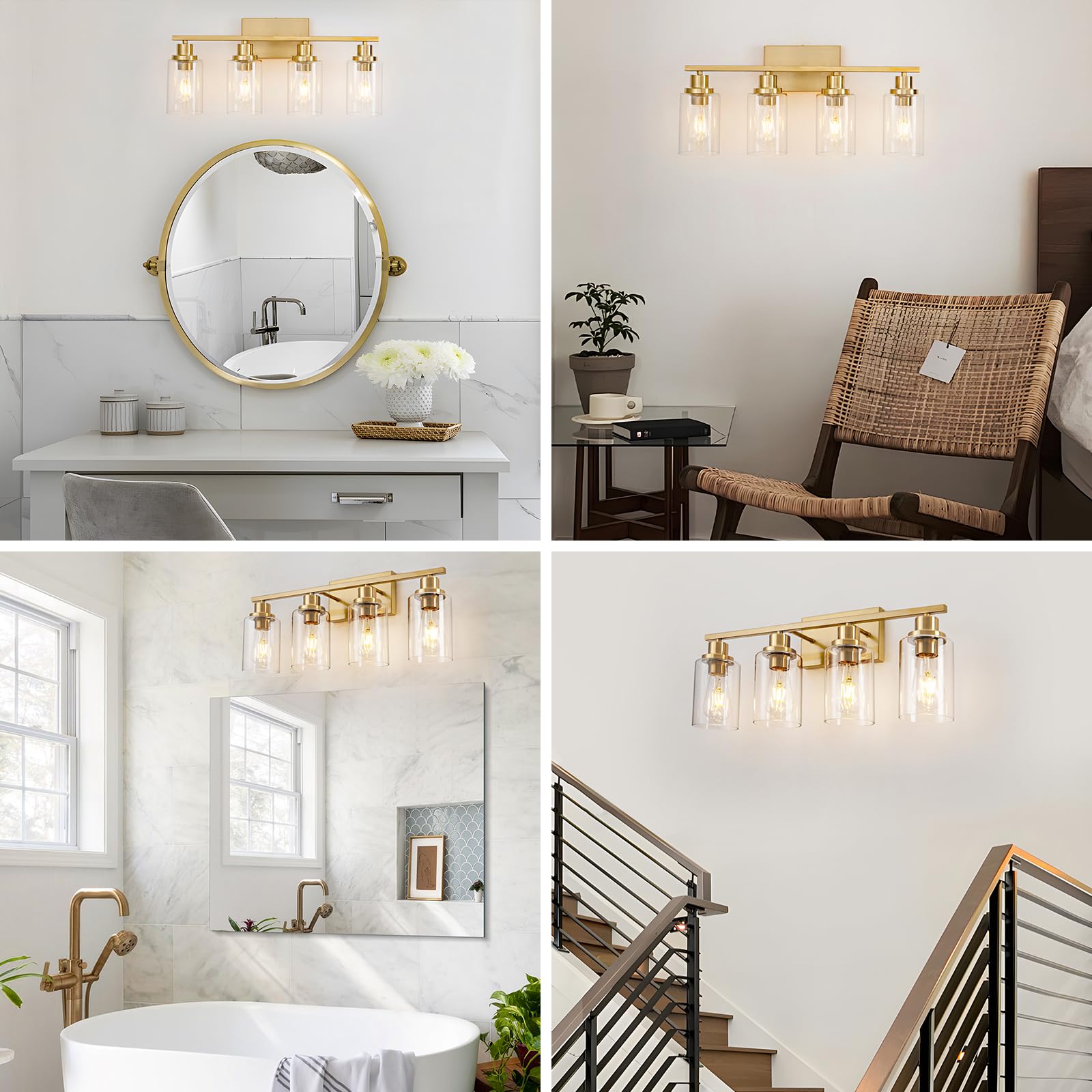 HCCZ 4 Light Bathroom Light Fixtures Brushed Brass Glass Shade Vanity Light Sconces Model 800-100-1081