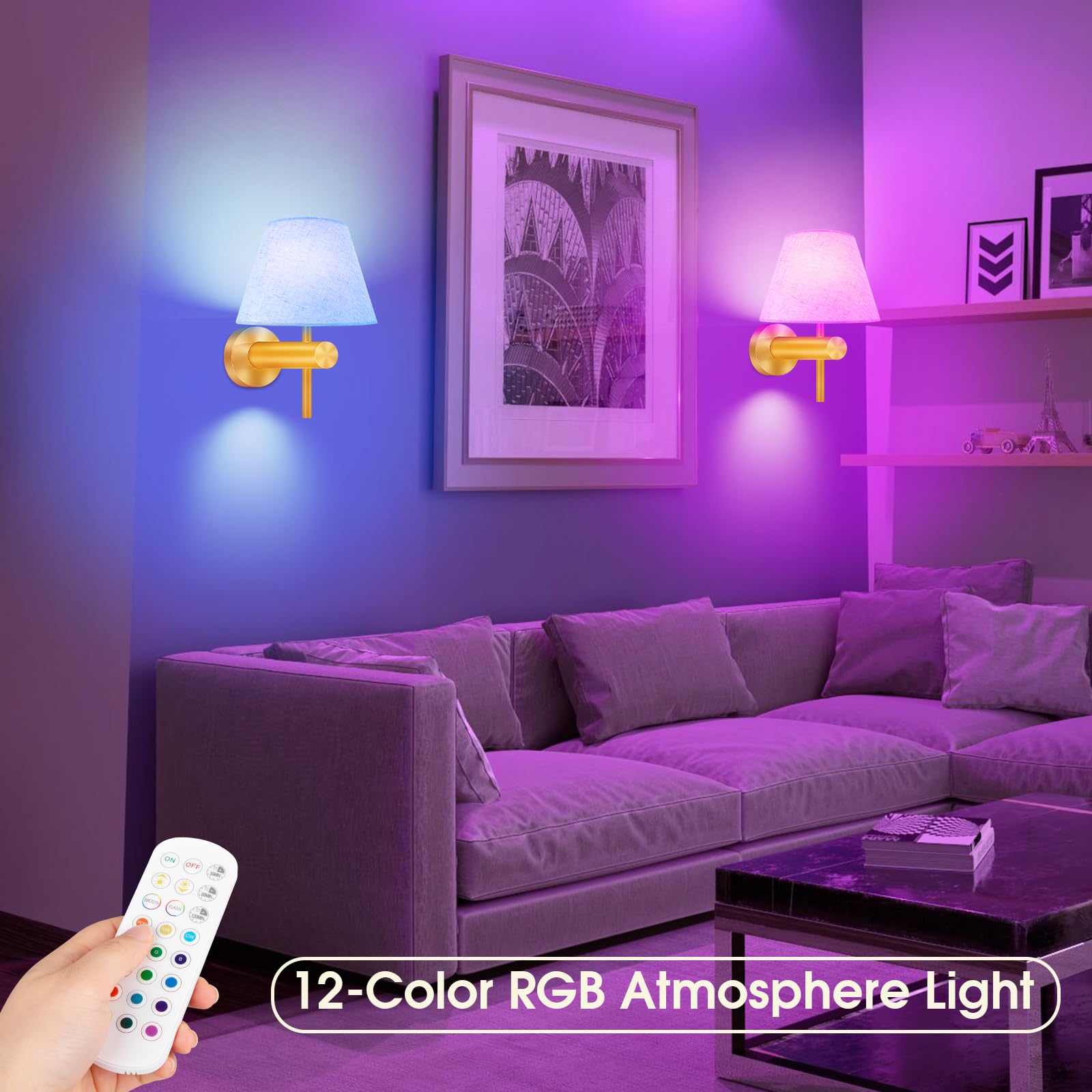 Starmoitic Battery Operated Wall Sconces Set Of 2, Gold Rechargeable Rgb Wall Lights With Dimmable Magnetic Bulbs & Remote,15 Co