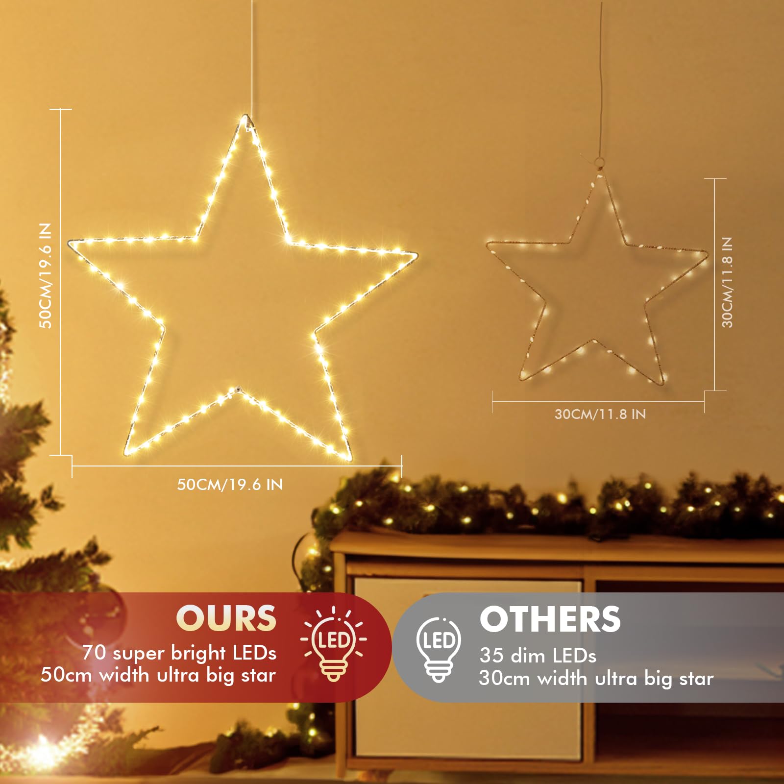 Marchpower Christmas Window Star Silhouette Lights  19Inch 70Led 2 Pack Large Star Lighted Xmas Decoration Battery Operated Twinkle Stars Light Outdoor Timer Lights Wedding Party Home D?Cor-Warm White