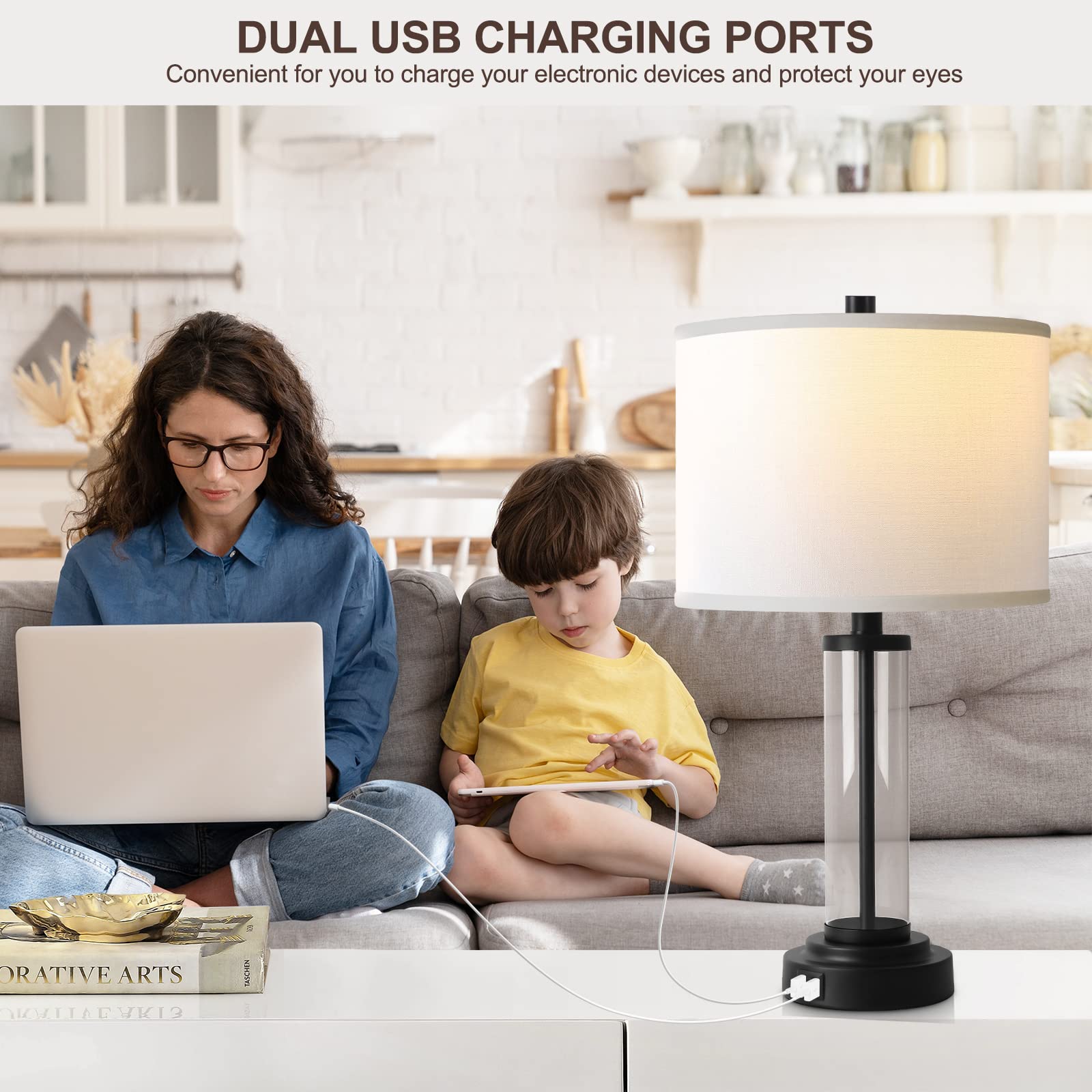 QiMH Touch Control Table Lamps Set of 2, 3-Way Dimmable, USB Ports, Modern Black Nightstand Lamps with LED Bulbs